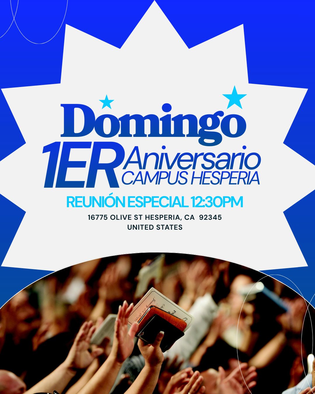 🎉 ¡Celebramos juntos el 1er Aniversario de nuestro Campus Hesperia! 🎉
Hace un año vimos la gracia de Dios abrir un camino… y hoy celebramos todo lo que Él ha hecho en medio de su iglesia y de la comunidad.
Este aniversario es más que una fecha: es un recordatorio de la fidelidad de Dios, de cada vida alcanzada, de cada familia bendecida y de cada paso de fe que hemos dado juntos.
💛 Toda la iglesia está invitada a movilizarse y celebrar este momento tan especial.
Será un tiempo de gratitud, alegría y adoración al Señor por su obra en Hesperia.
🙏 Oramos para que Dios continúe bendiciendo esta iglesia y la comunidad de Hesperia, y que lo mejor aún esté por venir.
¡Ven y celebremos juntos lo que Dios está haciendo! 🎉