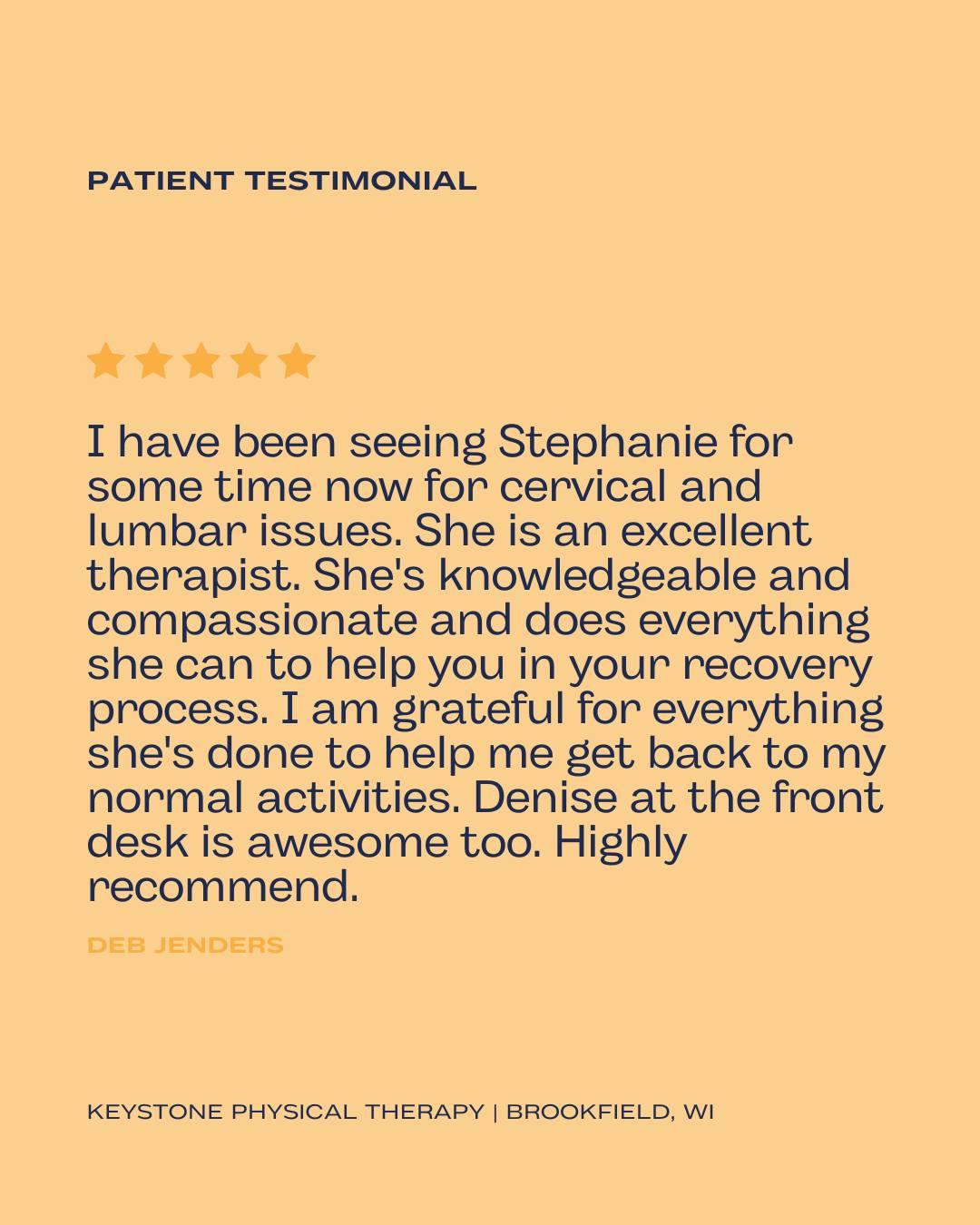 We’re grateful for every patient story shared with us 💙 Hearing how care, compassion, and personalized treatment help someone return to everyday activities is why we do what we do. Thank you for your kind words and for trusting Keystone Physical Therapy with your recovery journey. Your progress and confidence mean everything to our team. ⭐
#KeystonePhysicalTherapy #PatientTestimonial #PhysicalTherapy #PhysicalTherapist #RecoveryJourney #PatientCare #BrookfieldWI #WisconsinHealthcare #TherapySuccess #HealingThroughMovement #MobilityMatters #PainRelief #CervicalPainRelief #LumbarSupport #BackPainRelief #NeckPainRelief #PhysicalTherapyWorks #Rehabilitation #MovementIsMedicine #WellnessJourney #StrongerEveryDay #PatientSuccessStory #CompassionateCare #TherapyGoals #HealthcareTeam #ManualTherapy #FunctionalMovement #LocalPhysicalTherapy #TrustedCare #FiveStarReview