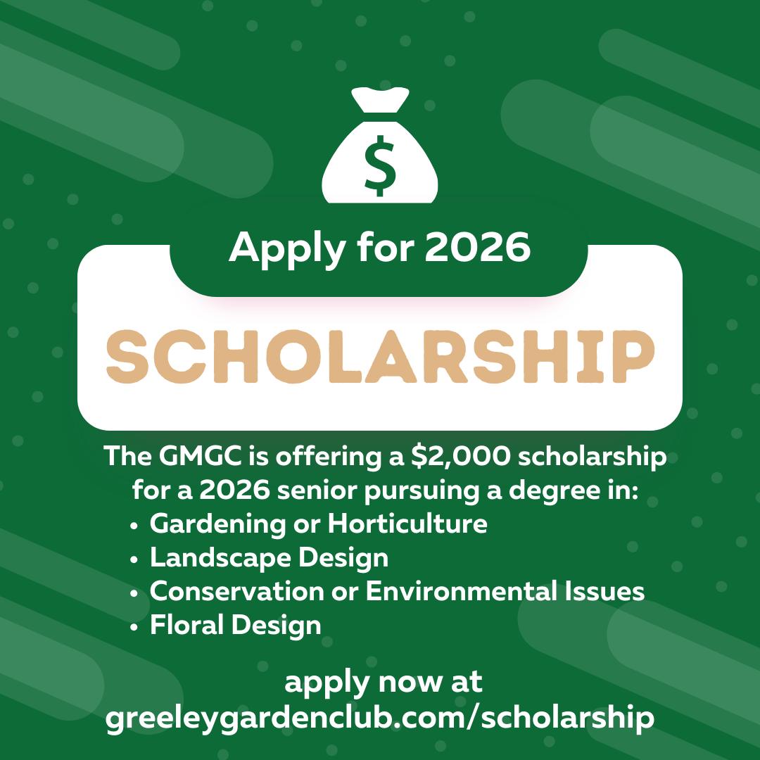 Do you know a high school senior in the Class of 2026 who has a "green thumb" or a passion for the planet? 🌍
The Greeley Morning Garden Club is looking to award one local student a $2,000 scholarship grant to help their dreams grow! Whether they are headed into landscape design, conservation, or horticulture, we want to support their journey.
This one-time grant is funded directly by our annual Garden Tour profits—community support at its finest! 🌻
📍 Learn more and apply: https://www.greeleygardenclub.com/scholarship
#GreeleyMorningGardenClub #GreeleyScholarships #ClassOf2026 #GreeleyCO #PlantingTheFuture