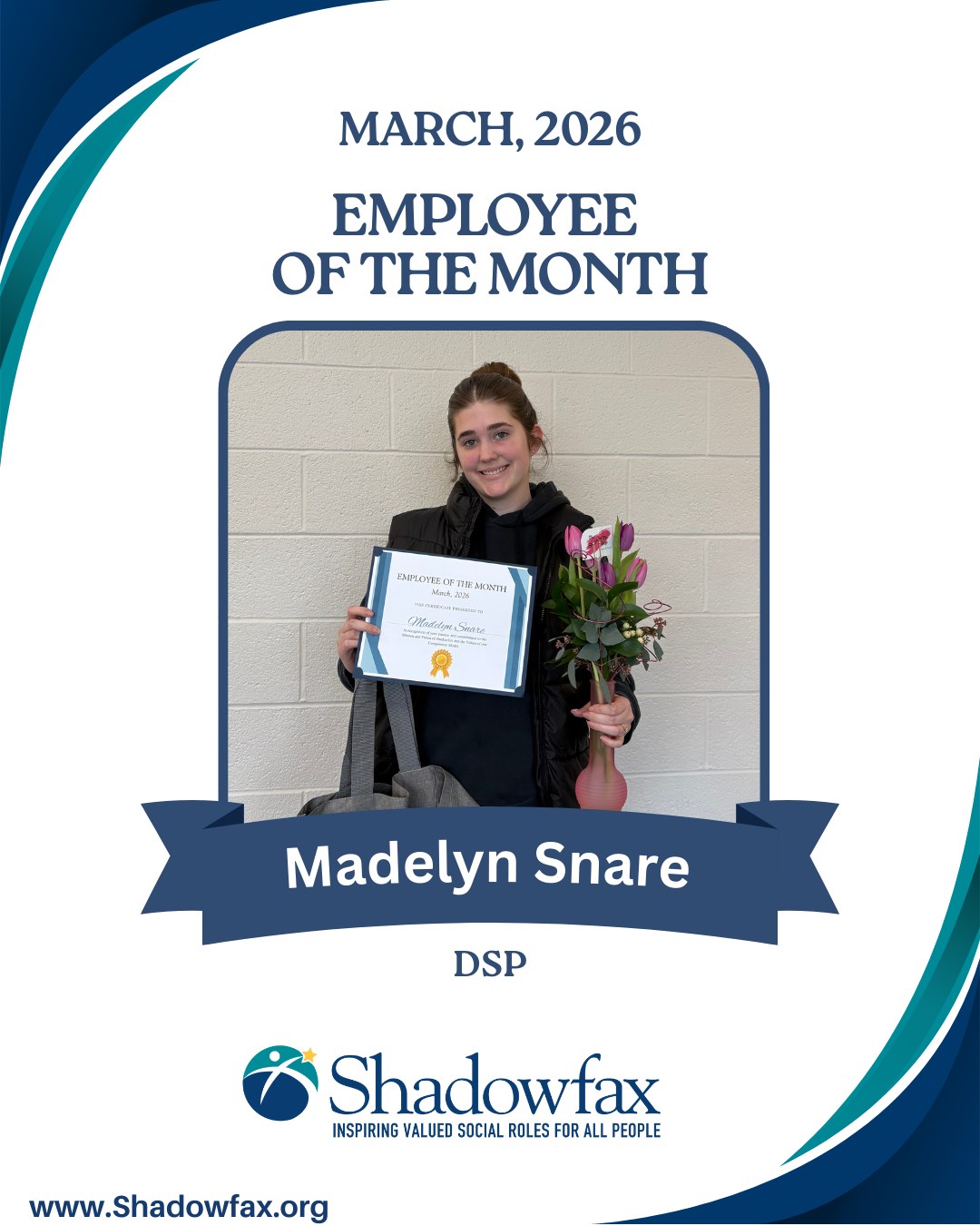 Congratulations to our March Employee of the Month, Madelyn Snare! ๐
Madelyn has been working at Shadowfax for over two years. Receiving this acknowledgement makes her feel valued and proud. She looks back on how far she has come and is motivated to continue to serve the individuals we serve. Her favorite part of her job is the individuals: 'no matter the day-to-day challenges that I face, I feel much gratitude to be in a position to provide support to those who attend the day program.'
A fun fact about Madelyn is that every day before work, she sings along to worship music! ๐
Congratulations!