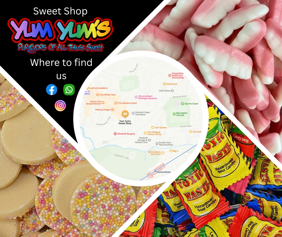 Just incase you don't know where we are, here's a map.
We look forward to seeing you guys
#Yumyumsweetshop #YumYums #Sweetshop #Wymondham #Toxicwaste #gummyteeth #whitechocolate #chocolatejazzies