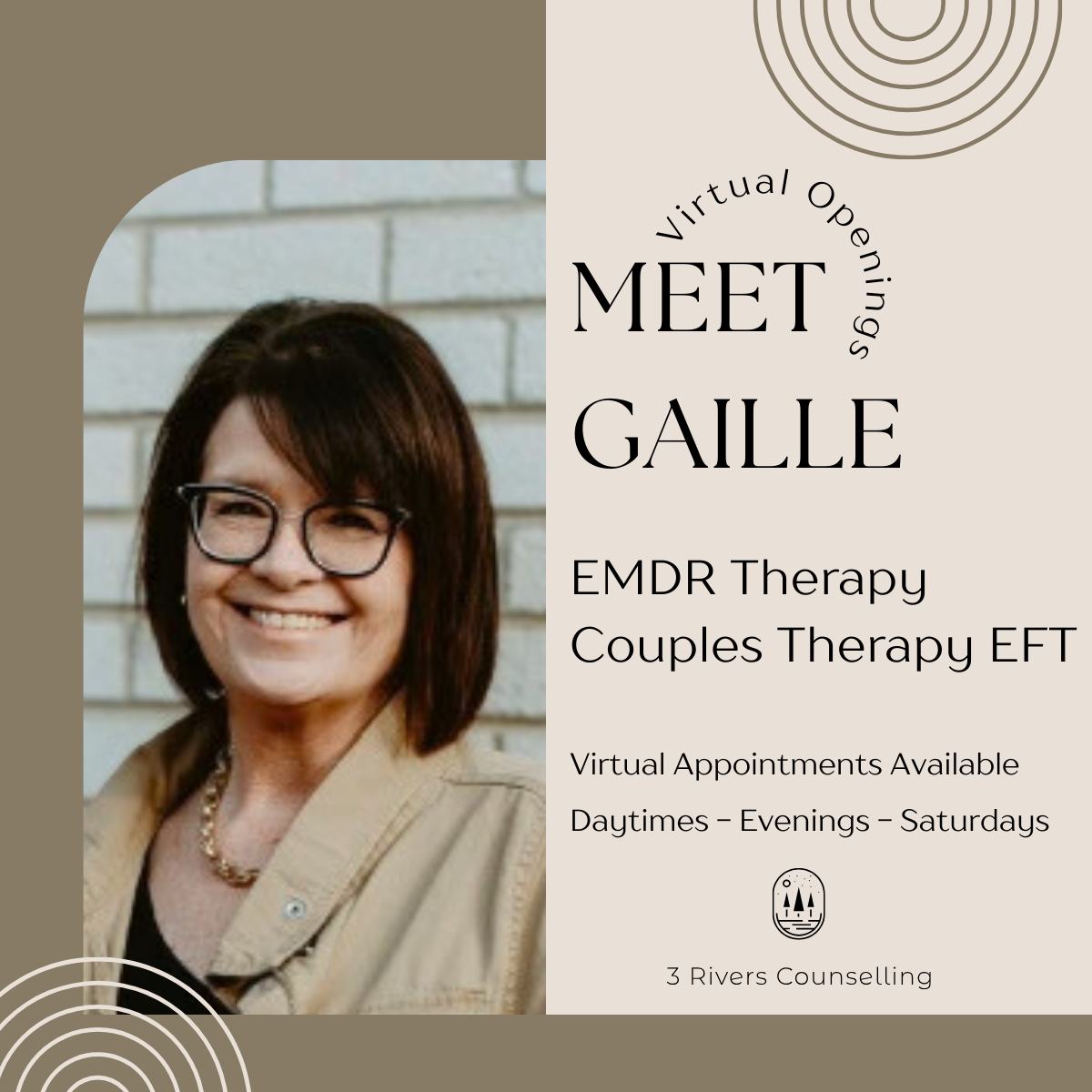 Meet Gaille – Now Welcoming New Clients
We’re excited to welcome Gaille to the team at 3 Rivers Counselling.
Gaille is a Registered Social Worker with over 15 years of counselling experience. She offers virtual EMDR therapy and also works with couples using Emotion Focused Therapy (EFT).
Her approach focuses on creating a supportive space while helping clients develop practical tools for navigating difficult experiences.
Gaille works with adults and couples who may be experiencing:
• Anxiety or depression
• Trauma or overwhelming life experiences
• Relationship challenges
• Life transitions
• Grief and loss
She currently has virtual openings during the daytime, evenings, and Saturdays.
✨ Free 15-minute consultations available
Book online:
https://3riverscounselling.janeapp.com