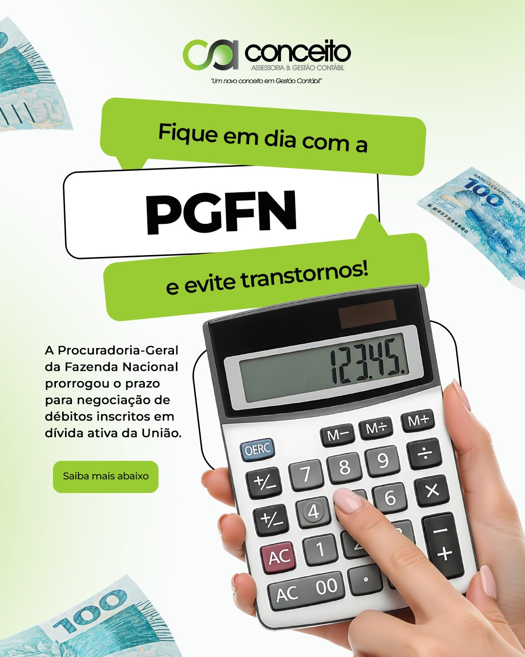 Fique em dia com a PGFN e evite transtornos!
Boa notícia para quem possui pendências fiscais: a Procuradoria-Geral da Fazenda Nacional (PGFN) prorrogou o prazo para a negociação de débitos inscritos em Dívida Ativa da União, que será até o dia 29 de maio deste ano.
Essa é uma oportunidade de ouro para regularizar a situação da sua empresa (ou o seu CPF) com condições muito mais favoráveis e fôlego financeiro.
⚠️ Por que você não deve ignorar esse prazo?
Deixar uma dívida ativa acumular pode trazer consequências graves que travam a operação do seu negócio, como:
🔹 Bloqueio de contas bancárias e bens patrimoniais;
🔹 Impedimento de participar de licitações e emitir Certidões Negativas (CND);
🔹 Dificuldade na obtenção de crédito e financiamentos nos bancos;
🔹 Negativação do CNPJ ou CPF.
💡 Os benefícios da negociação:
Os acordos e transações tributárias costumam oferecer descontos significativos em multas, juros e encargos legais, além de parcelamentos estendidos que se adequam à realidade do seu fluxo de caixa.
Não deixe para a última hora e não perca a chance de limpar o nome da sua empresa. Nossa equipe contábil e jurídica pode fazer o levantamento completo dos seus débitos, simular os cenários e garantir a melhor opção de acordo para o seu bolso.
Vamos resolver essas pendências com segurança e planejamento?
#ConceitoGestãoContábil #PGFN #DividaAtiva #TransacaoTributaria #RegularizacaoFiscal #NegociacaoDeDividas #DireitoTributario #ContabilidadeConsultiva #GestaoEmpresarial #RegularizeSeuCNPJ