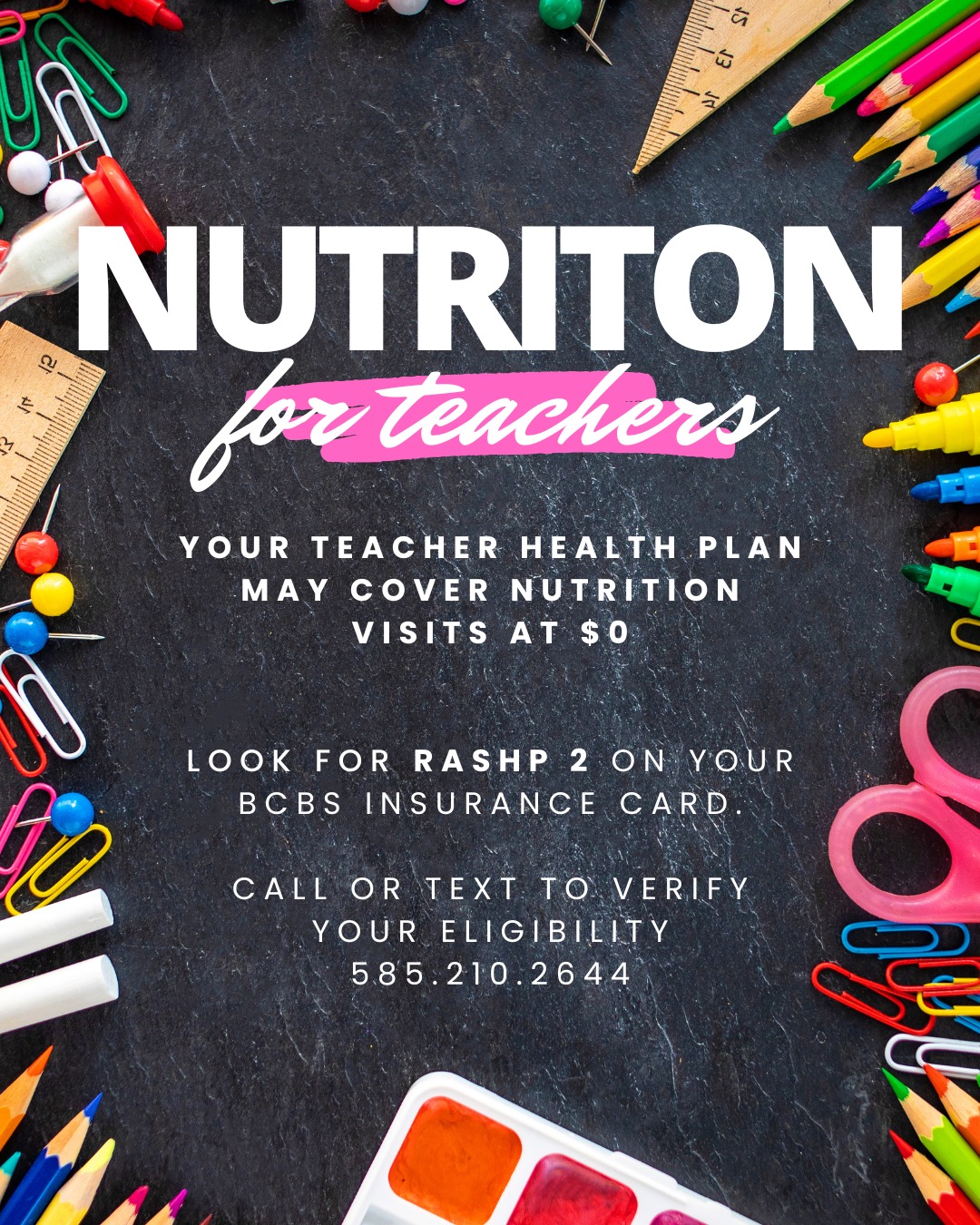 Are you a Monroe County teacher?
Need a partner in working toward your health goals?
Call Elle today to check your benefits!
585.210.2644
https://www.eatwellelle.com/teachers