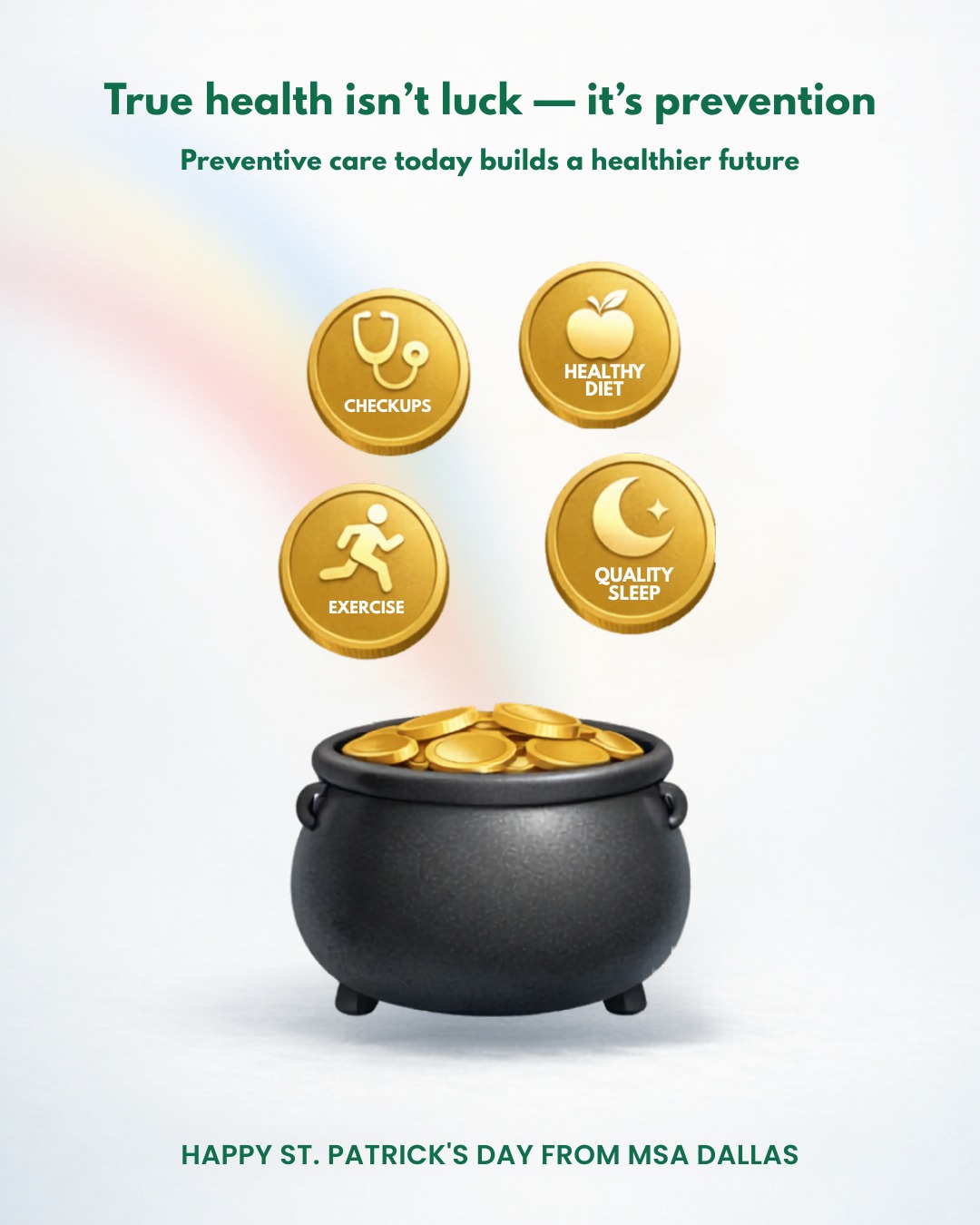 Good health isn’t about chance, it’s about what you do consistently:
✅ checkups
✅ movement
✅ nutrition
✅ sleep
That’s the kind of “gold” that actually compounds over time.
At MSA Dallas, we focus on preventive care that keeps you ahead — not playing catch-up.
🍀 This is your sign to schedule that checkup.
📍 Full-service internal medicine in Dallas
📞 214.692.8541
#MSADallas #StPatricksDay #PreventativeCare #DallasDoctors #InternalMedicine #HealthStartsHere