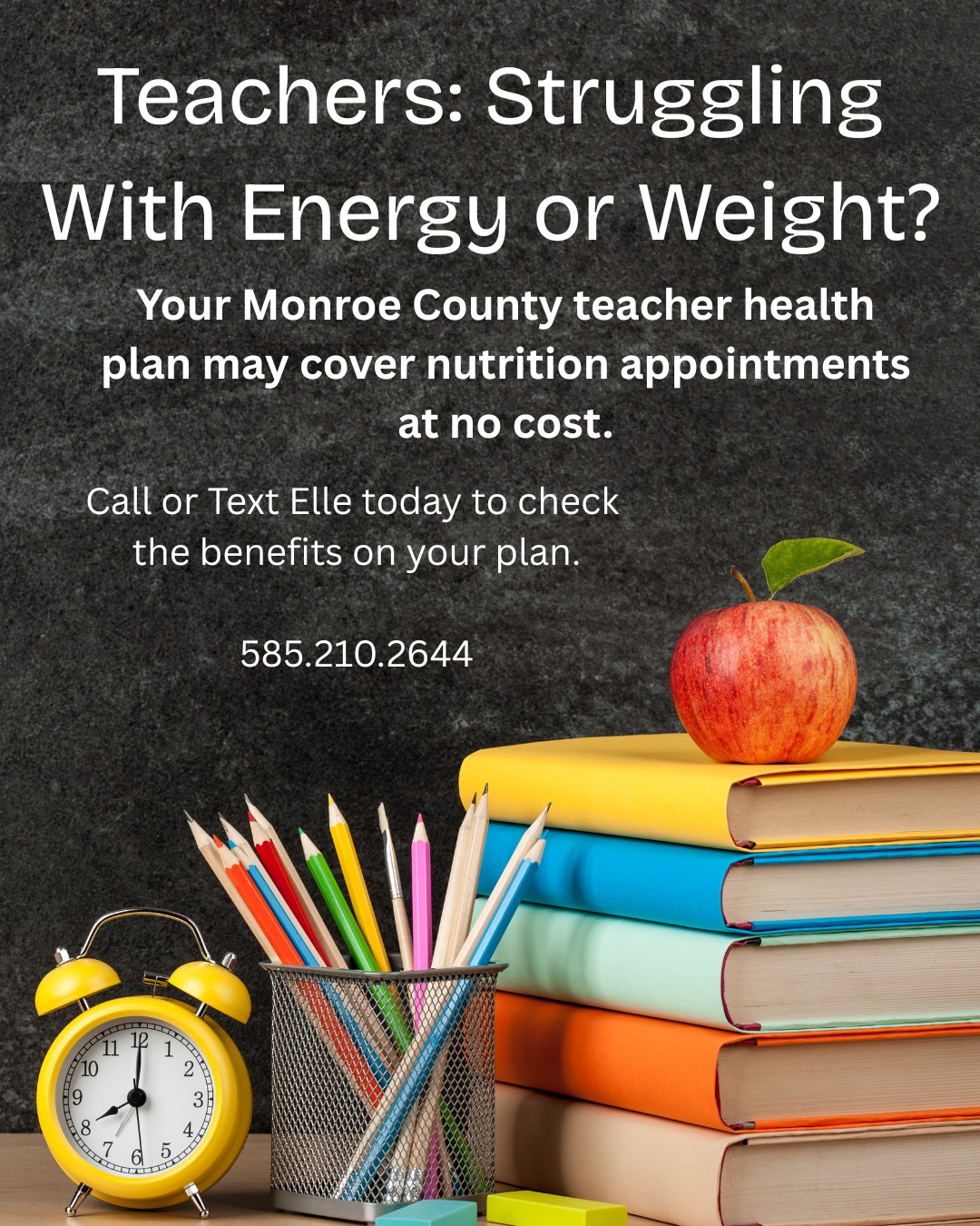 Call or Text today to check your benefits.
585.210.2644
Let's start working on your health goals!
https://www.eatwellelle.com/teachers