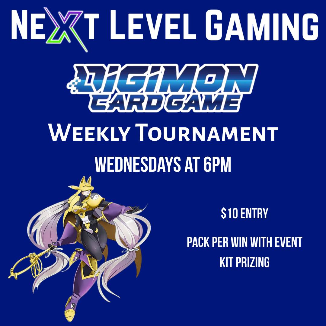 Exciting News Tamers! We are now hosting Digimon Tournaments every Wednesday at 6pm!
Tournament Entry is $10.
Pack per Win Prizing + Event Kit Participation and Prizing
Sign up now in the Bandai+ TCG App!
*Event kit participation and prizing may not be available every week since we are just starting Digimon. Bandai has a store ranking system for each TCG, as we get more players we will get more prize support.
#digimontcg #tamer #digimoncardgame #bandaitcg #aztcg #westvalleyaz #goodyearaz #nextlevelgamingaz