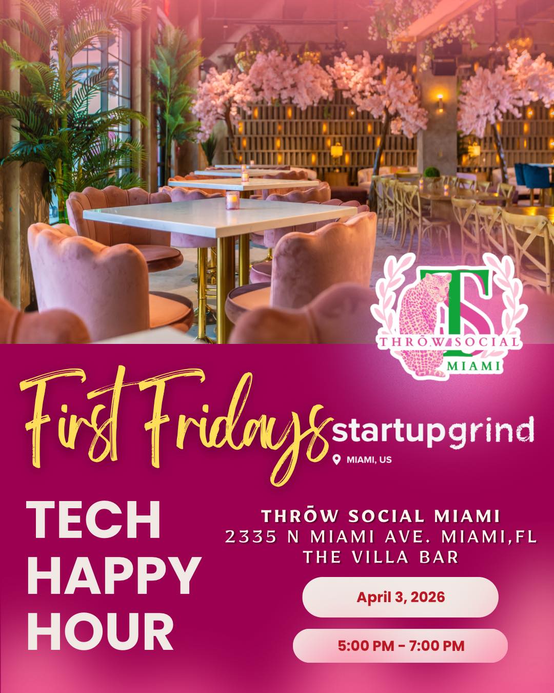 This Friday marks our First Tech Happy Hour, part of the monthly Startup Grind social mixer. This event provides a relaxed atmosphere to connect with the Miami tech and startup community, discover shared interests, explore collaboration opportunities, and potentially find your next co-founder or key hire.
Join us for a casual happy hour focused on building genuine relationships and making friends, rather than just contacts. There will be no pitches, presentations, or agendas—just a gathering of individuals shaping the future of tech in Miami.
This happy hour is designed for:
• Startup Founders & Employees
• Technologists, Developers & Tech Workers
• Product Managers & Designers
• Investors, VCs, Advisors & Mentors
• Anyone curious about the Miami tech scene
Agenda:
• 5:00 PM: Happy Hour begins. Feel free to come and go as you please.
We will be at the brand new Thrōw Social Miami Wynwood, a stunning indoor/outdoor restaurant and bar featuring live bands, late-night DJs, luxurious dining cabanas, games, and more. Enjoy a selection of the city's best food and drink options throughout the event. Look for Startup Grind table signs toward the back in The Villa Bar.