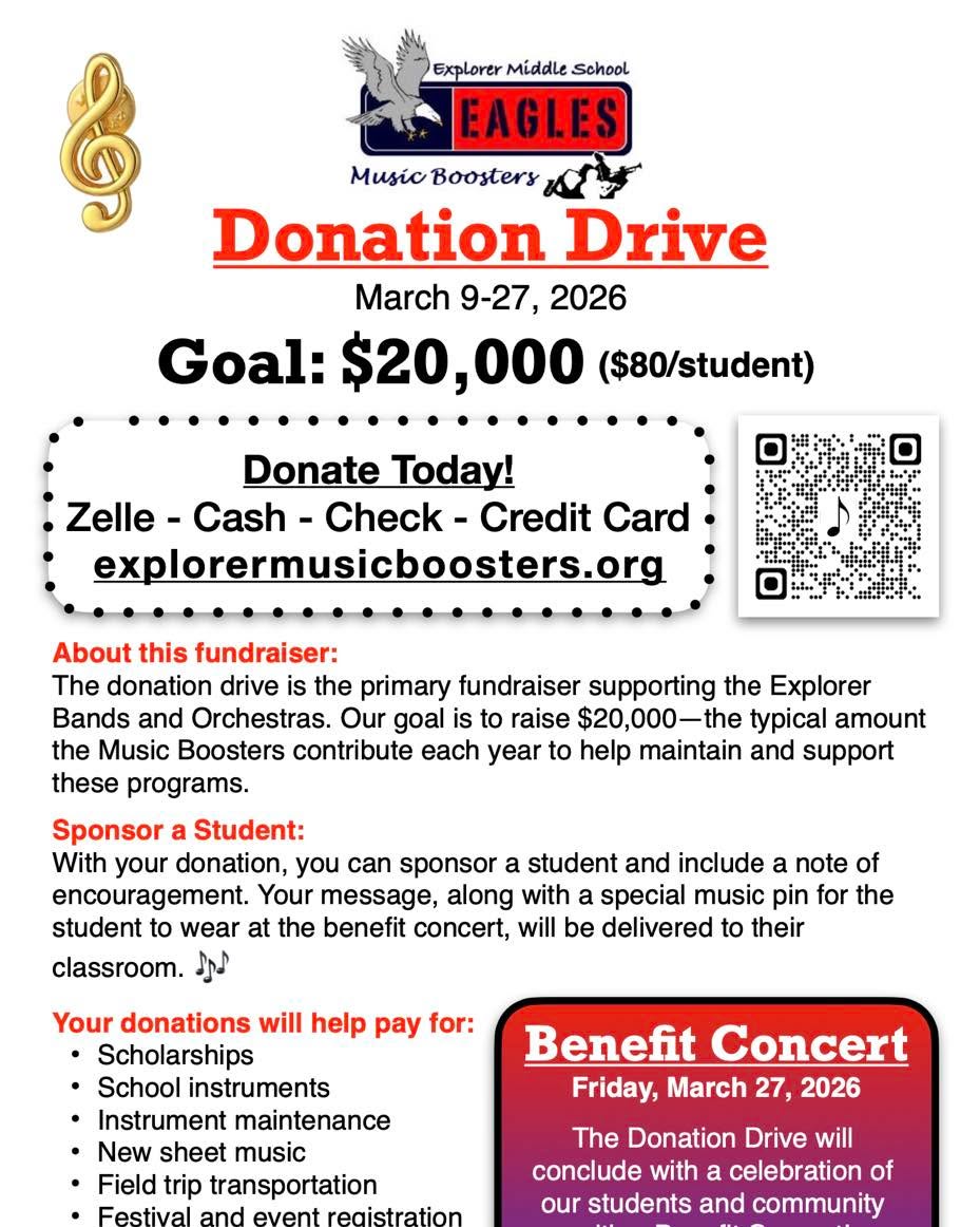 Just one week to go. We are up to $3,768, help us hit $5,000 by Monday!
Share the link and donate at:
https://www.explorermusicboosters.org