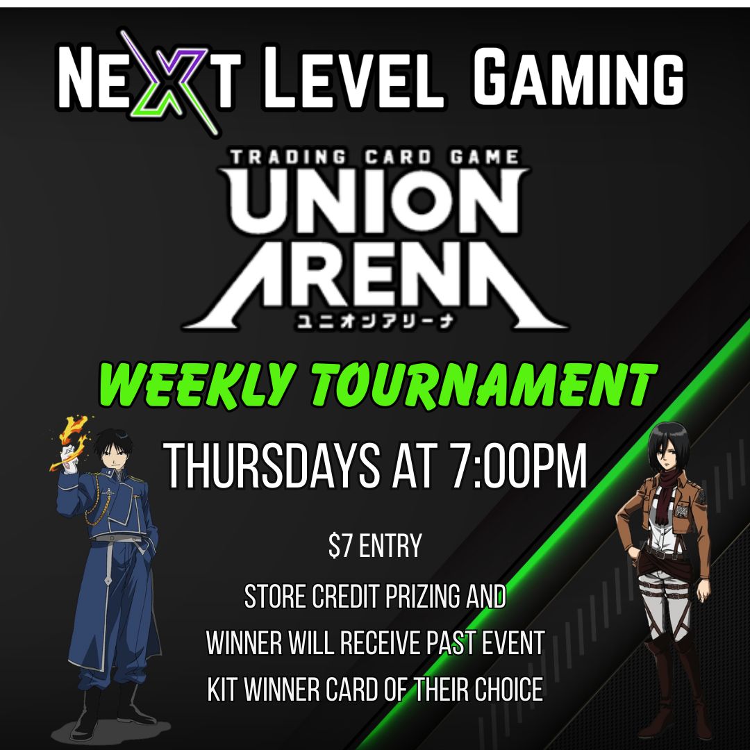 On Thursdays we play Union Arena!
Thursdays are our more casual play days, always open for new players and beginners.
Entry is $7, a portion of all entries goes into the prize pool.
Store Credit Prizing with older event kit participation.
Winner can choose an older Winner Card of their choice.
These Thursday events will not be listed early in the Bandai App. The event will show in the app the day of the event.
#unionarena #bandaitcg #azunionarena #nextlevelgamingaz #westvalleyaz #goodyearaz #sololeveling #bandai