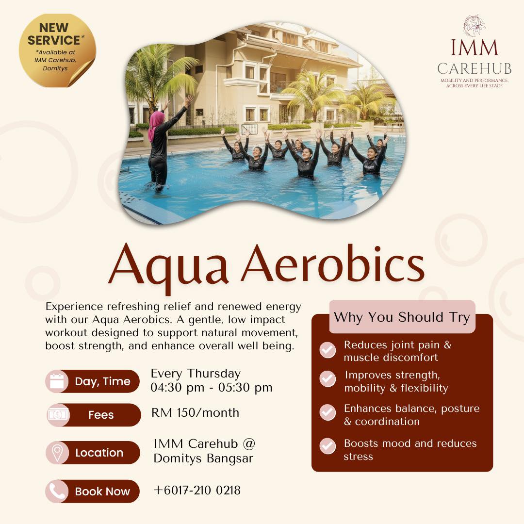 Dive in. Move freely. Feel stronger 💦
Join our Aqua Aerobics Class and enjoy a fun, low-impact workout that improves strength, balance, and flexibility—perfect for all fitness levels!
🗓️ Starting: 9 April 2026
⏰ Time: 4:30 PM (Every Thursday)
📍 Location: IMM Carehub, Domitys Bangsar
💰 Fee: RM150/month
Limited slots available – contact us now to reserve your spot!
#IMMCarehub #AquaAerobics #Bangsar #strength #balance