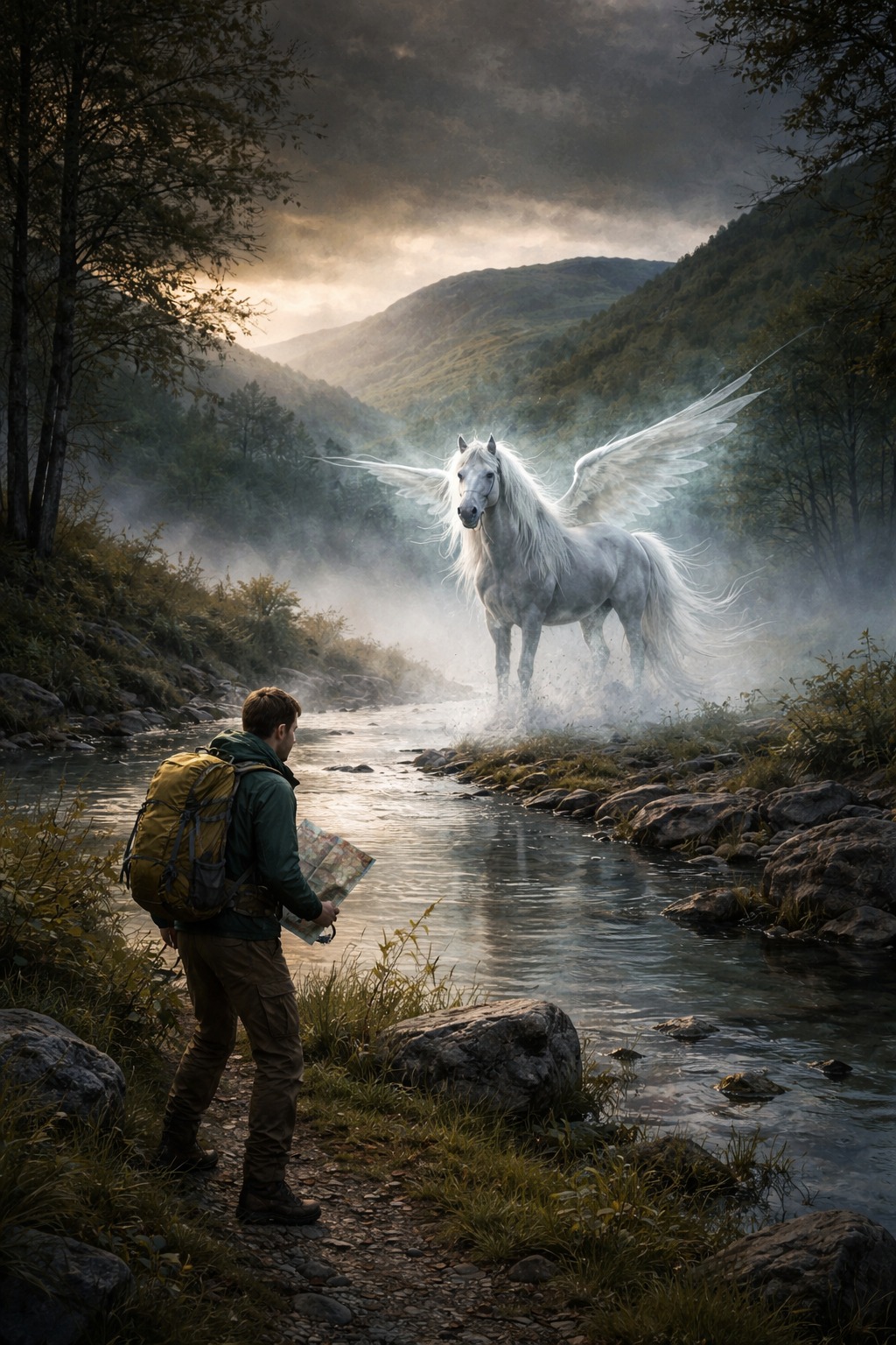 In the misty valleys and rivers of Mid Wales, old tales speak of the Ceffyl Dŵr — a ghostly water horse, sometimes beautiful, sometimes terrifying.
Travellers told of climbing into the saddle, only for the horse to surge forward — into the mist, or into the sky to dance among the starlight, or gallop straight into lakes to the deep waters below.
These stories remind us that Mid Wales is wild, unpredictable, and magical. Whether walking, cycling, or exploring:
* Check the weather
* Wear sturdy footwear and the right kit
* Stick to paths and know your route
* Let someone know your plans
* Dont jump on winged magical horses
Folklore meets practical advice: respect the land, be prepared, and enjoy every adventure safely.
Yn nyffrynnoedd niwlog a’r afonydd yng Nghanolbarth Cymru, mae hen straeon yn siarad am y Ceffyl Dŵr — ceffyl ysbryd, weithiau prydferth, weithiau ofnadwy. Dywedai teithwyr am ddringo i’r sadwrn, dim ond i’r ceffyl neidio ymlaen — i’r niwl, i’r awyr i ddawnsio o dan sêr, neu redeg yn union i’r dŵr islaw.
Mae’r straeon hyn yn ein hatgoffa bod Canolbarth Cymru yn wyllt, yn annisgwyl, ac yn hudolus. P’un a ydych yn cerdded, beicio neu archwilio:
* Gwiriwch y tywydd
* Gwisgwch esgidiau cadarn a’r offer cywir
* Arhoswch ar y llwybrau a gwybod eich llwybr
* Rhowch wybod i rywun am eich cynlluniau
Mae chwedl yn cwrdd â chyngor ymarferol: parchwch y tir, paratowch eich hun, a mwynhewch bob antur yn ddiogel.