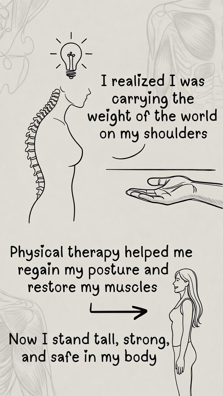 I used to carry the weight of the world on my shoulders… literally.”
For years my body hunched forward — shoulders rounded, chest collapsed, like I was bracing for the next hit.
I thought it was just “bad posture.”
It wasn’t.
It was my nervous system’s oldest protection strategy — making myself smaller so I’d be less of a target.
Then physical therapy helped me do something I never thought possible:
~Reclaim the natural curve of my spine
~Restore strength to muscles that had been locked in survival mode for decades
~Stand tall again — not just physically, but emotionally
For the first time in years, my body feels like it belongs to me.
I can breathe deeper.
I can look people in the eye.
I can trust that I know how to keep myself safe.
If your body has been trying to protect you in ways that now hurt more than help…
you’re not alone.
And you don’t have to stay hunched under that old weight.
Book with Gina via mindfulconnectpa.com-- we willgently learn to listen to the body again.
No pressure. Just space.
https://www.mindfulconnectpa.com/contact
What’s one way your body has been trying to protect you — even if it’s costing you now?
Book with Gina via mindfulconnectpa.com-- we will gently learn to listen to the body again.
Drop a word or emoji below. I’m listening. 💚