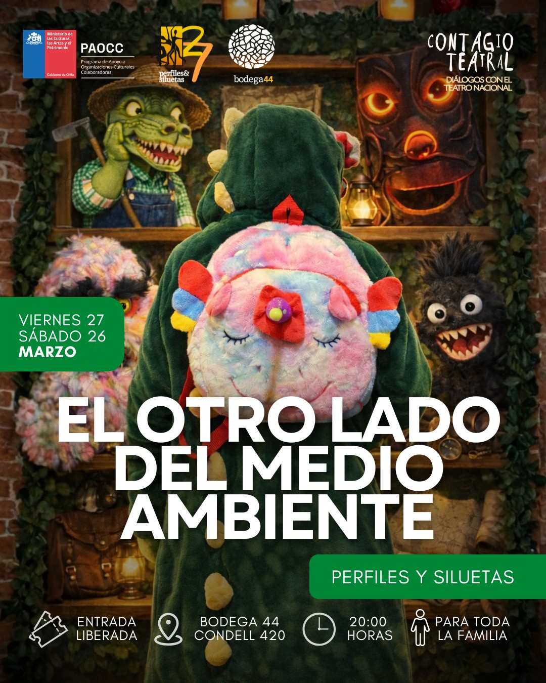 ¡ESTE FIN DE SEMANA REGRESA CONTAGIO TEATRAL! 🌿✨
Ven a vivir una experiencia sensible y profunda con "EL OTRO LADO DEL MEDIO AMBIENTE" de la compañía Perfiles y Siluetas. Una travesía mágica que une mitología ancestral, conciencia ecológica y el despertar de la infancia como fuerza transformadora.Acompaña a Margarita en su viaje iniciático: una niña elegida para sanar la maldad que destruye el equilibrio del mundo. A través de sueños y encuentros con seres simbólicos, esta obra nos recuerda que la infancia no es el futuro... es el presente que puede salvarlo todo. 🌎💓
📅 Viernes 27 y Sábado 28 de Marzo
🕗 20:00 horas
🎟️ Entrada liberada
📍 Bodega 44, Condell 420, Los Ángeles
👨👩👧👦 Para toda la familia
Porque cuando una niña escucha a la Tierra, la Tierra vuelve a latir. ¡No te pierdas esta puesta en escena con impacto social, artístico y ambiental!
#Bodega44 #ContagioTeatral #PerfilesySiluetas #PAOCC #TeatroFamiliar #TeatroEnLosAngeles #TeatroEnBiobio #25AÑOSPERFILES #MedioAmbiente #ConcienciaEcological