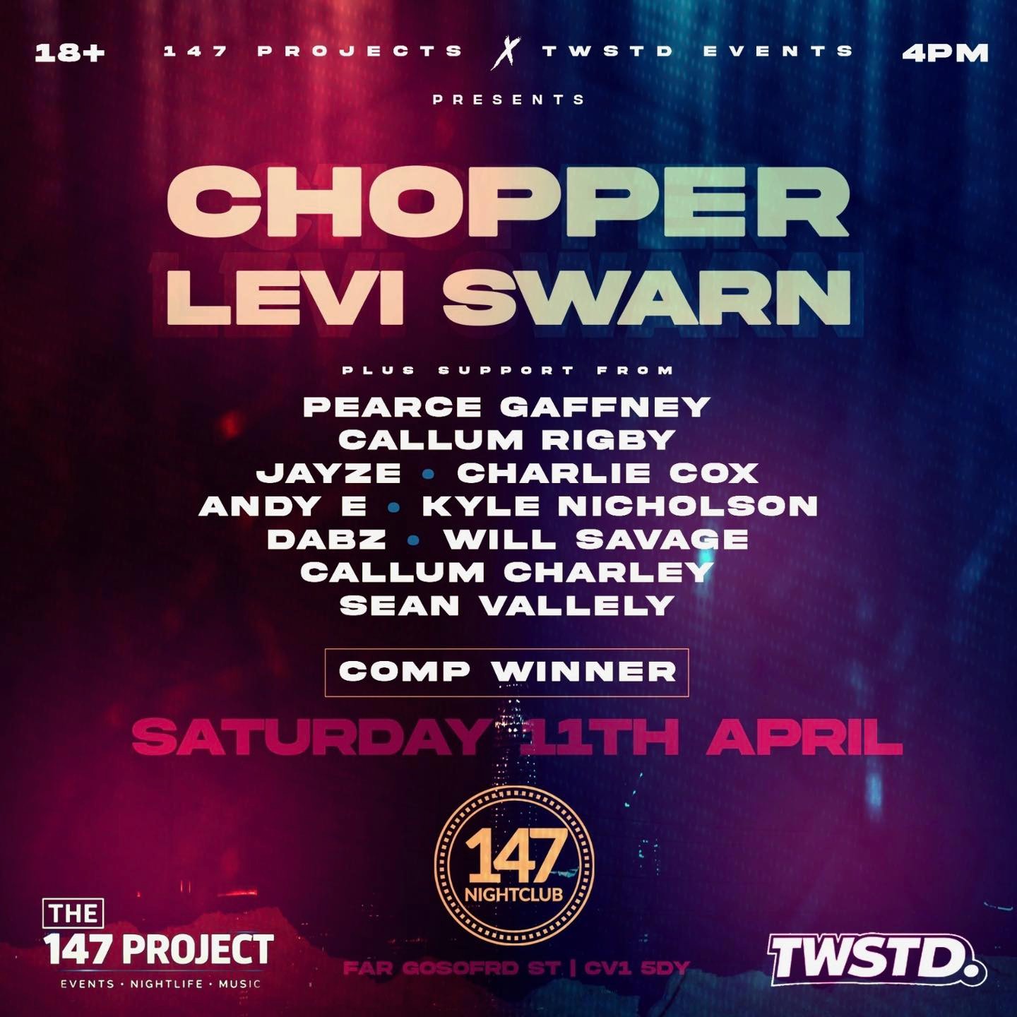 The 147 Project presents
Our next day rave is fast approaching
Headlined by Chopper & Levi Swarn
Grab your tickets here >> https://www.eventbrite.com/e/1984558282245?aff=oddtdtcreator