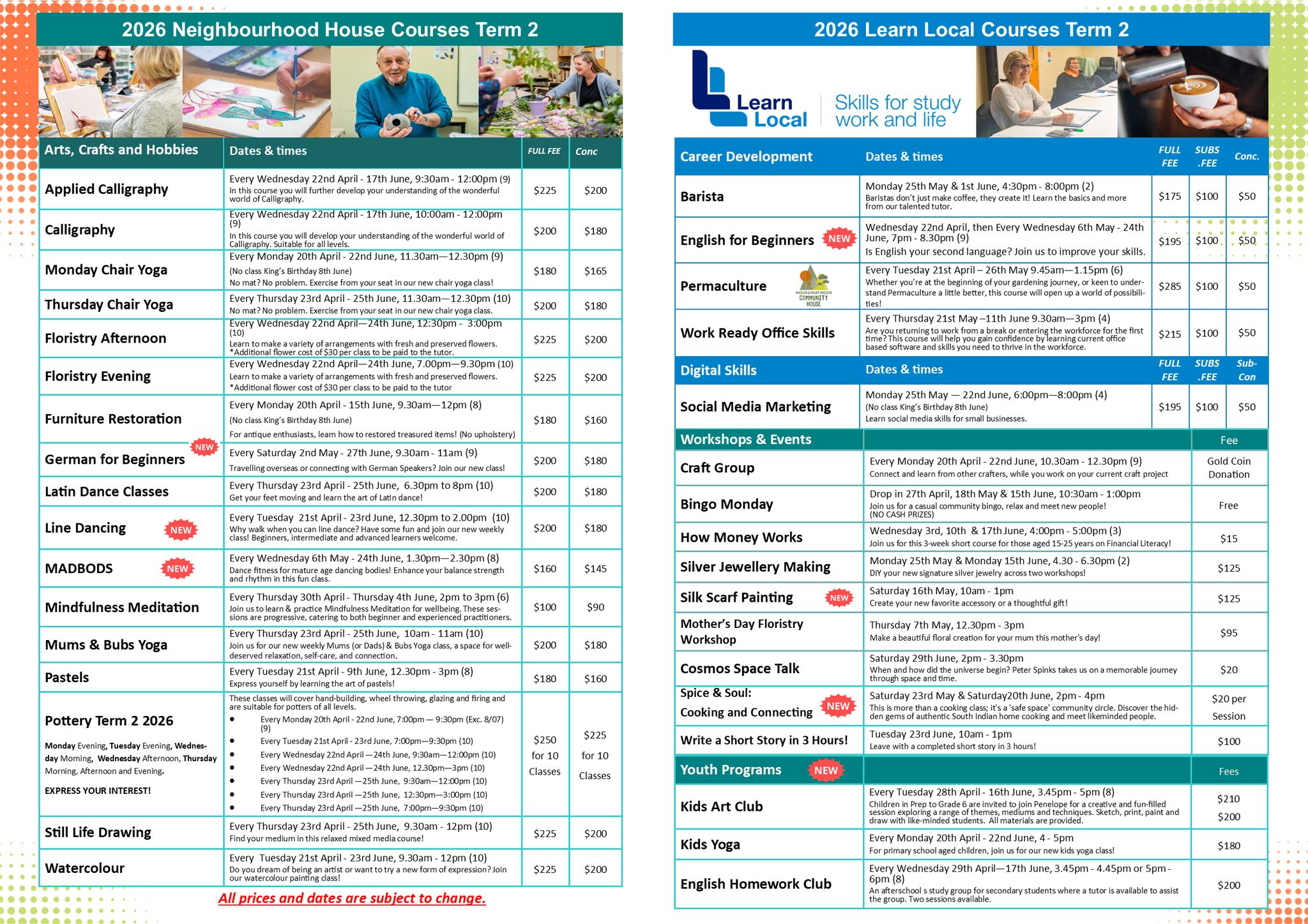 TERM 2 ENROLMENTS ARE NOW OPEN! 🥳
Enrolments are open for our Term 2 classes! (Yes, it's already that time of year 😅)
With our usual variety of classes and some exciting new additions, there is something for everyone this term - including you!
New additions this term include:
🌼 Health and Wellness Classes
Line Dancing (Tuesdays), Chair Yoga (Mondays & Thursdays), MADBOD's (Wednesdays), Latin Dance Classes (Thursdays), Mindfulness Meditation (Thursdays) and Mums and Bubs Yoga (Thursdays).
FREE COME AND TRY OFFER AVAILABLE! If you're new to one of the above classes, you can join your first class for free to try it out - bookings still required.
🤸♂️ After School Youth Programs
Monday Kids Yoga Prep - Grade 6), Tuesday Kids Art Club (Prep - Grade 6), and Wednesday English Homework Club - 2 sessions available (Secondary School Students).
🗣 Languages
English for Beginners (at MRFEC or at Sunbury Neighbourhood House) and German for Beginners.
🌼 Workshops
How Money Works (15-25 years), Silver Jewellery Making, Silk Scarf Painting, Spice & Soul: Cooking & Connecting, Mothers Day Floristry Workshop and more!
Enrol online at our website (www.mrfec.net.au), in-person at 12 Hamilton Street Gisborne or over the phone by calling 03 5428 3799. We look forward to seeing you soon!