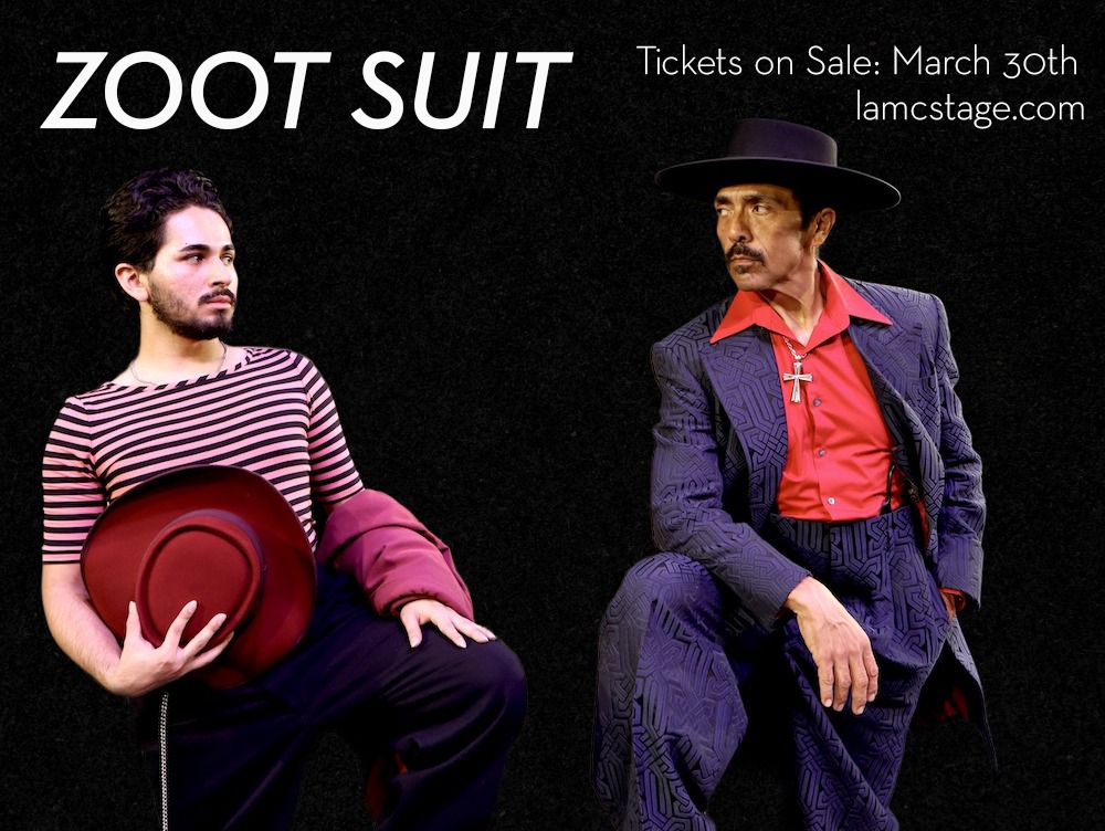 Carlos Daniel Esquivel (Henry Reyna) and Raúl Cardona (El Pachuco) rehearse in costume. “Zoot Suit” tickets go on sale March 30th 🎟️⭐. Visit lamcstage.com on Monday to secure your seat!
Tickets go on sale March 30 for the Los Angeles Mission College Theatre production of Zoot Suit, Luis Valdez’s groundbreaking musical. Zoot Suit will be presented in the LA Mission College AMP Theater from May 15-31. Tickets start at $10 and are on sale now through www.lamcstage.com.
Luis Valdez’s Zoot Suit weaves together fact and fiction to portray the events of the infamous 1942 Sleepy Lagoon murder trial and the ensuing Zoot Suit riots. The show features original songs by Lalo Guerrero, pachuco style, swing dance numbers, and costumes from the 2017 Taper revival. LA Mission College Theatre has gathered a company of over fifty students, faculty, staff, and guest artists to bring Valdez’s essential and urgent American tale to life.