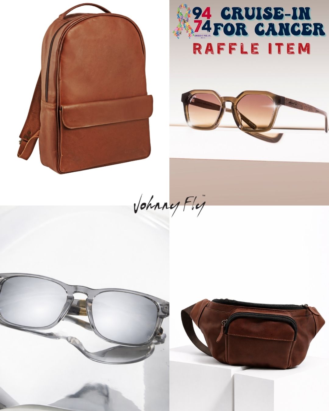 Y'all - DO NOT MISS THIS! Check out this incredible Cruise-In for Cancer raffle package. 2 pairs of custom sunglasses plus 2 beautiful leather bags, generously donated by @johnnyflyco - retail value is over $600!
We can't wait to see how "Fly" the winner will be!