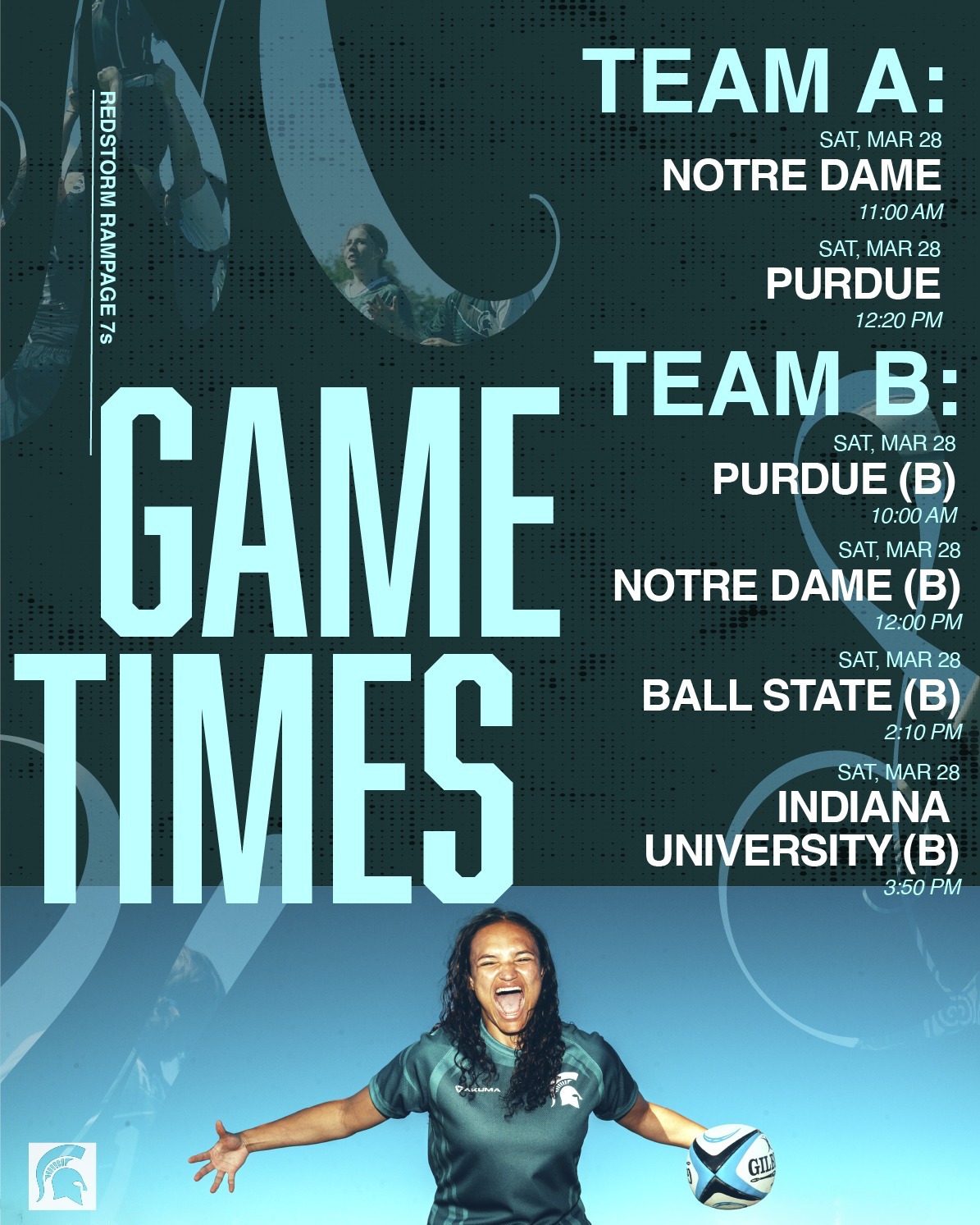 REDSTORM RAMPAGE IS TOMORROW! MSU Rugby Football Club sends two stacked teams to compete in Indiana this weekend. Send our players some love! #womensrugby #WomenInSports #msurugby
Games:
Team A
MSU vs. ND @ 11:00
MSU vs. PURDUE @ 12:20
Team B
MSU vs. PURDUE (B) @ 10:00
MSU vs. ND (B) @ 12:00
MSU vs. BS (B) @ 2:10
MSU vs. IU (B) @ 3:50