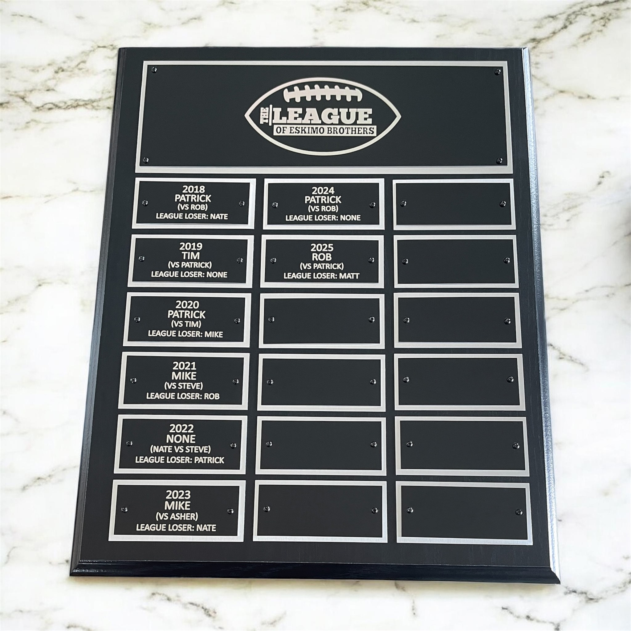 I’m married to a man who acts like his fantasy football league is equivalent to running an NFL franchise. Hours of research, tinkering, the works. Yet, he always loses. As a small business owner, I couldn’t resist making him something a little more realistic than a trophy for his birthday - a custom perpetual plaque to track his fantasy football league. If your husband swears “this is his season” every year… I’m here to take your plaque order now.
#FantasyFootball #FantasyFootballLeague #fantasyfootballfail #lastplace #perpetualplaque #customengraving #engravedgifts #laserengraving #smallbusinessowner #shopsmallbusiness #SupportSmallBusiness #customgifts #personalizedgifts #giftideasformen #husbandgift #footballseason #leaguecommissioner #fantasyleague #mintsignia