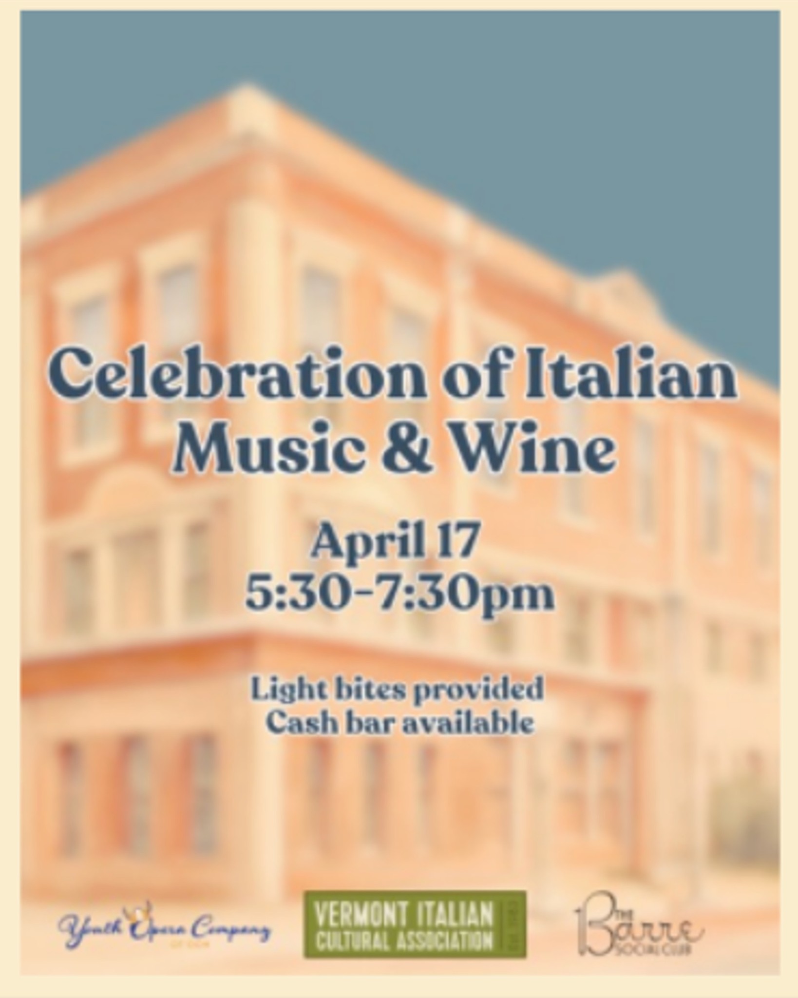 Step into an evening of Italian music and wine in downtown Barre 🇮🇹
VICA - Vermont Italian Cultural Association brings the Celebration of Italian Music & Wine to the Barre Social Club on April 17th. The Opera Company of Middlebury’s Youth Opera Company will perform and light bites prepared by chef Stefano
Coppola.
Barre Social Club | 5:30–8 PM
Light bites, cash bar, $10 at the door
Register Here --> https://www.vermontitalianculturalassociation.org/events-1/celebration-of-italian-music-wine