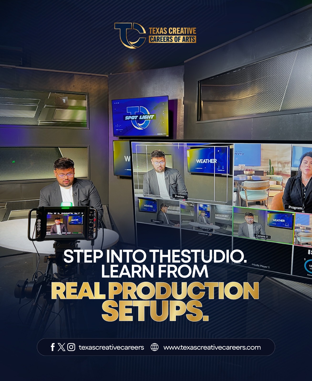 🎬 This is where creativity meets reality.
No simulations. No shortcuts.
Just real studios, real equipment, and real production experience.
At Texas Creative Careers, you learn by doing — working on the same setups used in the industry.
🎯 Step in. Get hands-on. Build your future.
🔗 Explore programs: www.texascreativecareers.com
#TexasCreativeCareers #FilmProduction #Broadcasting #StudioLife #CreativeCareers #LearnByDoing #MediaProduction #ContentCreators #FutureCreators #ProductionLife
