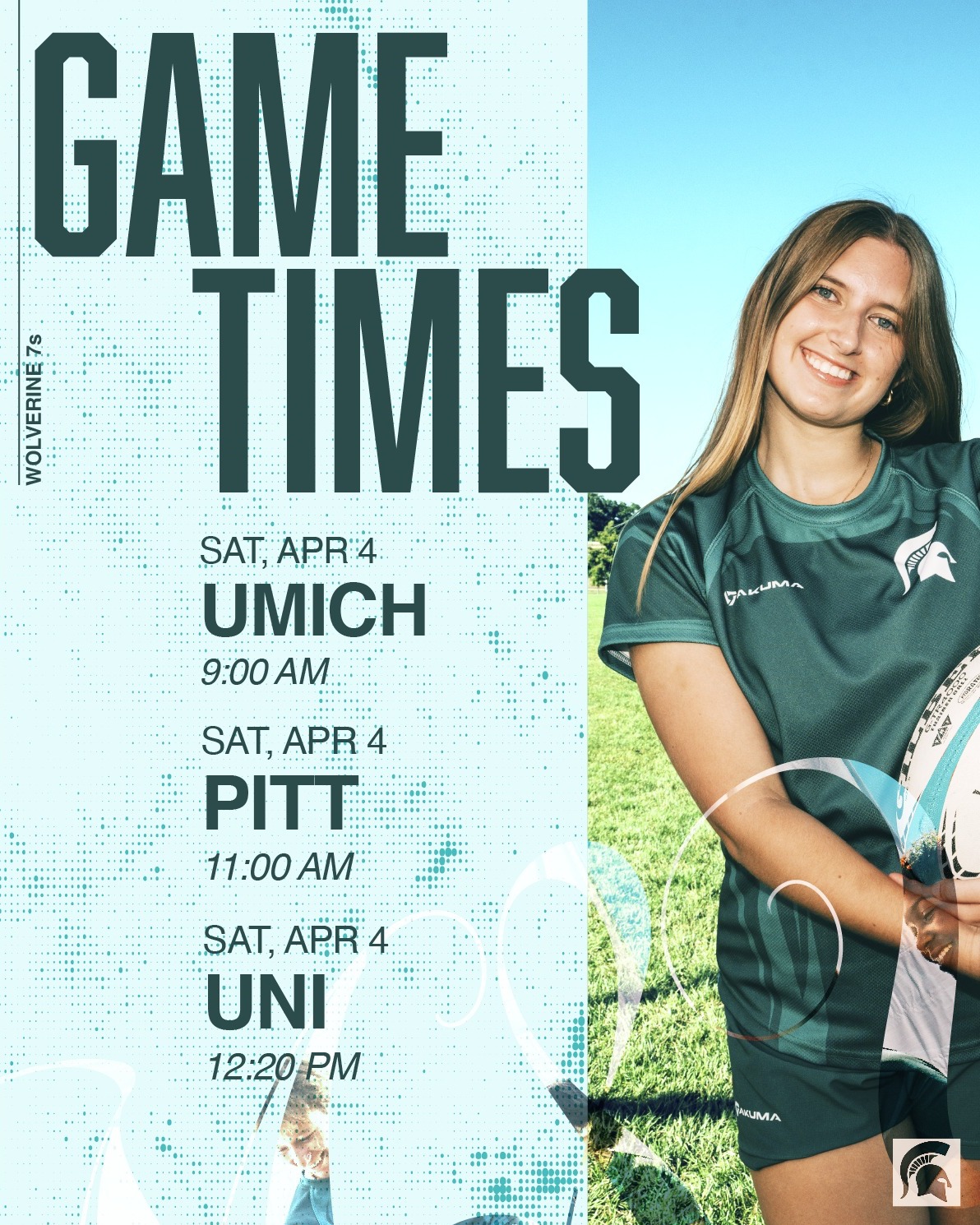 WOLVERINE 7s IS TOMORROW! MSU Rugby Football Club takes on our rival school this weekend. Go Green! Go White! #womensrugby #WomenInSports #msurugby
Games:
MSU vs. UMICH @ 9:00
MSU vs. PITT (A-Side) @ 11:00
MSU vs. UNI @ 12:20
