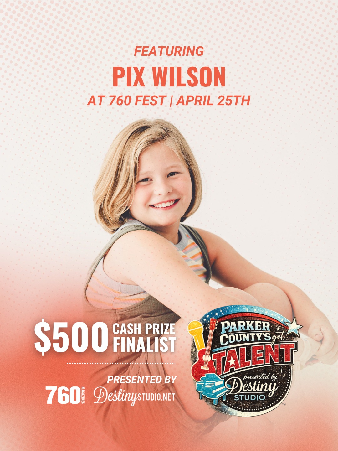 Big voice. Big moment. 🎤✨
Pix Wilson takes the stage for Parker County’s Got Talent—at just 8 years old—with a performance full of confidence, heart, and talent beyond her years.
One spotlight. One big stage. And she’s ready for it.
LIVE in just 6 days at 760 FEST on April 25 from 1 PM – 2 PM at The District at Willow Park!
Finalist for the $500 CASH PRIZE 🏆
🎉 All ages welcome
Come support her!
#760fest #parkercountytx #aledotx #aledomusicscene #WeatherfordTX #benbrooktx #mineralwellstx #fortworthtx #fortwrothmusic