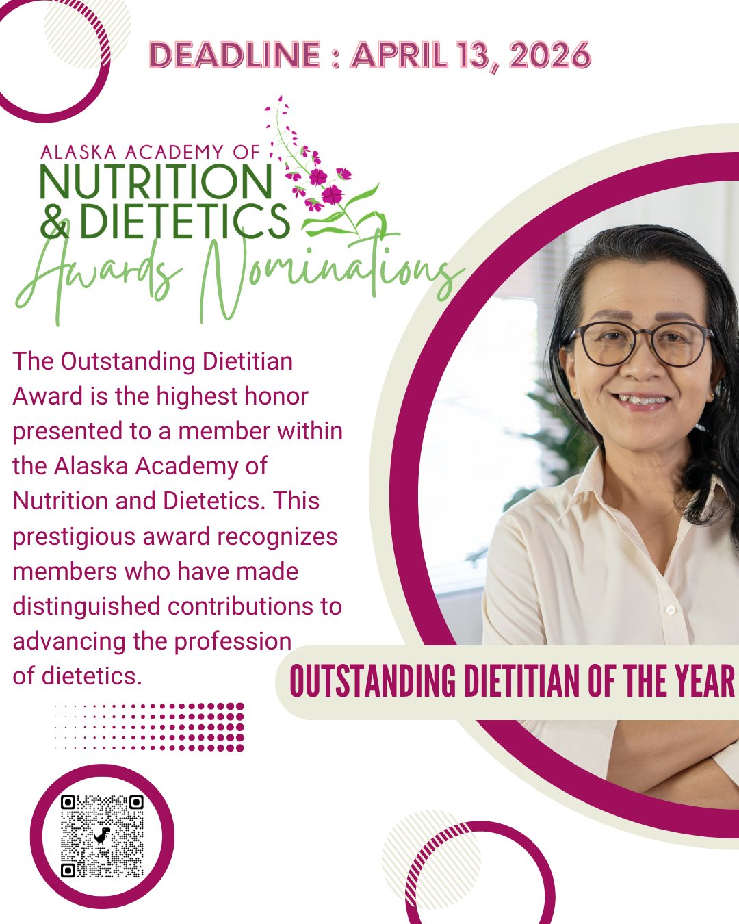 Deadline Monday!
The Outstanding Dietitian of the Year award recognizes members who have made distinguished contributions to advancing the profession. The winner of this award is an individual who has demonstrated outstanding leadership and service.
Nominate yourself or your peers today at the link in bio.