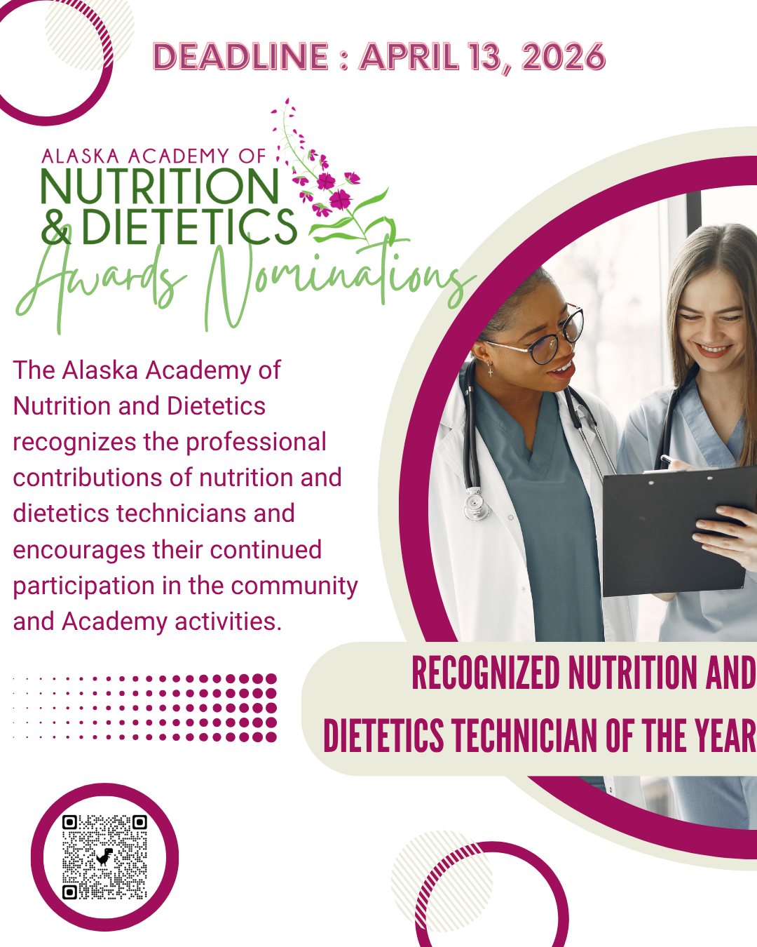 The Academy of Nutrition and Dietetics recognizes the professional contributions of nutrition and dietetics technicians and encourages their continued participation in the community and Academy activities. Award recipients are selected by their affiliated dietetic organizations. They demonstrate leadership qualities and performance in the Academy or their employment through education, clinical nutrition, foodservice management, public relations, career guidance and legislation.
Nominate yourself or your peers today at the link in bio!