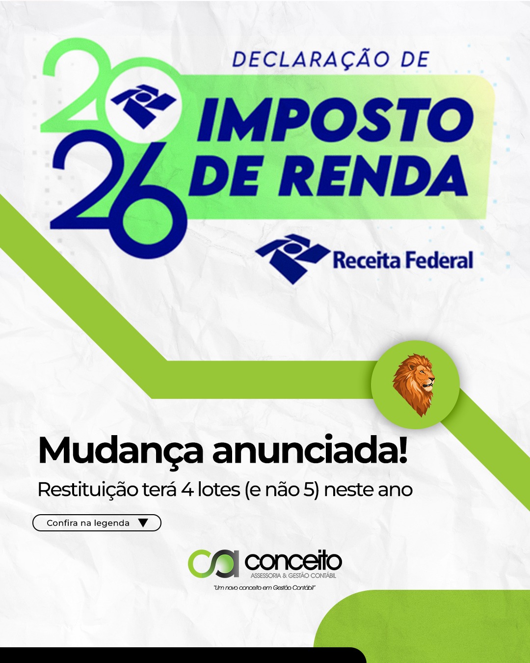 Mudança anunciada no IRPF 2026: restituição terá apenas 4 lotes e começa em maio
A Receita Federal trouxe uma novidade importante para a declaração do Imposto de Renda de 2026. Diferente dos anos anteriores, em que o cronograma de restituição era dividido em 5 lotes, este ano o pagamento será enxugado para apenas 4 lotes.
Na prática, isso significa que o dinheiro voltará para o bolso do contribuinte mais rápido. O primeiro lote de restituição já tem data confirmada: será pago no dia 29 de maio, exatamente no mesmo dia em que se encerra o prazo final para o envio da declaração.
Porém, a regra de ouro do Fisco continua a mesma: quem entrega a declaração primeiro, recebe a restituição primeiro. Além da ordem de envio, a Receita mantém a prioridade legal de recebimento para os primeiros lotes, que inclui:
🔹 Idosos e pessoas com deficiência ou moléstia grave;
🔹 Professores (cuja maior fonte de renda seja o magistério);
🔹 Contribuintes que optarem por utilizar a declaração pré-preenchida;
🔹 Quem escolher receber o valor da restituição via PIX.
Deixar a prestação de contas para a última hora não apenas joga o seu recebimento para o final da fila (lá para o último lote em agosto), mas também aumenta significativamente o risco de erros, esquecimento de recibos médicos e despesas dedutíveis, elevando as chances de cair na malha fina.
Não deixe para organizar seus documentos quando o sistema já estiver sobrecarregado e o prazo apertado.
Precisa de ajuda para fazer a sua declaração com total segurança, aproveitar todas as deduções legais e tentar garantir a sua restituição já nesse primeiro lote de maio? Fale com a nossa equipe e vamos planejar a sua entrega!
#ConceitoGestãoContábil #ImpostoDeRenda2026 #IRPF2026 #RestituicaoIR #ReceitaFederal #MalhaFina #ContabilidadeConsultiva #PlanejamentoTributario #DeclaracaoDeImposto #GestaoFinanceira