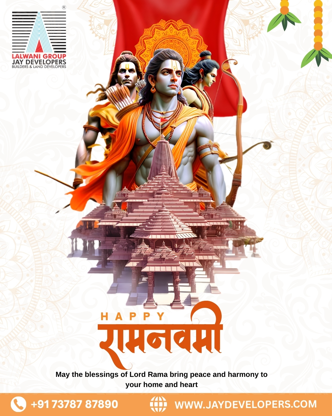 Celebrating the birth of Lord Rama—the symbol of righteousness and strength. 🙏✨
Wishing you a day filled with divine blessings and a lifetime of prosperity. 🧡
🚩 Happy Ram Navami! 🚩
#RamNavami2026 #LordRama #Blessings #JayDevelopers #RealEstateIndia