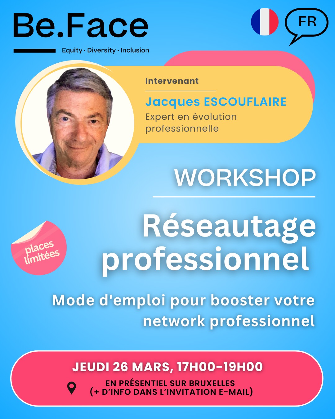 🌟Workshop : Réseautage professionnel - mode d'emploi animé par @jacquesescouflaire. Tu veux apprendre à te présenter efficacement, élargir ton réseau et créer des opportunités ? Ce workshop est fait pour toi !
Au programme :
��- Les bases du réseautage
��- Comment aborder un•e professionnel•le
��- Astuces pour entretenir ton réseau
📆26 mars 2026
🕘 17:00 - 19:00
📩Les infos pratiques + le lien d'inscription te seront envoyés par mail.
#BeFace #SoftSkills #Workshop #networking #business #network #community #motivation #reseautage #opportunites