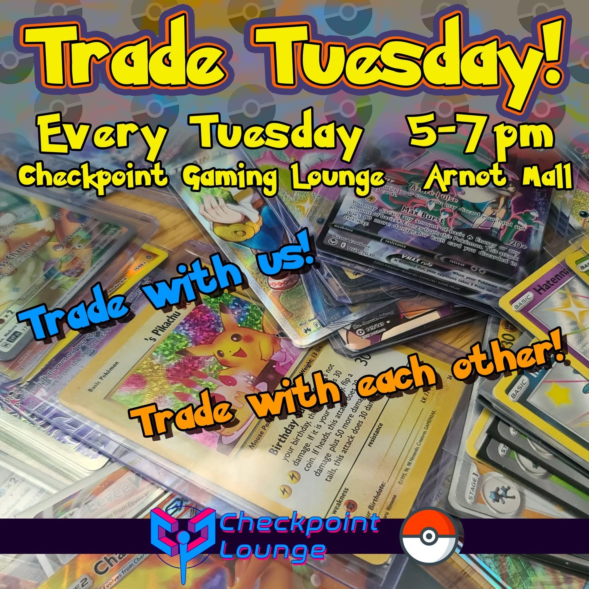 Happy Trade Tuesday, everybody! Stop down to Checkpoint Lounge TONIGHT from 5-7pm and bring your video games, consoles, Pokémon --all the stuff you want to try and trade with us or with someone else!
We'll have a sheet pizza and a relaxed atmosphere, so come hang out!