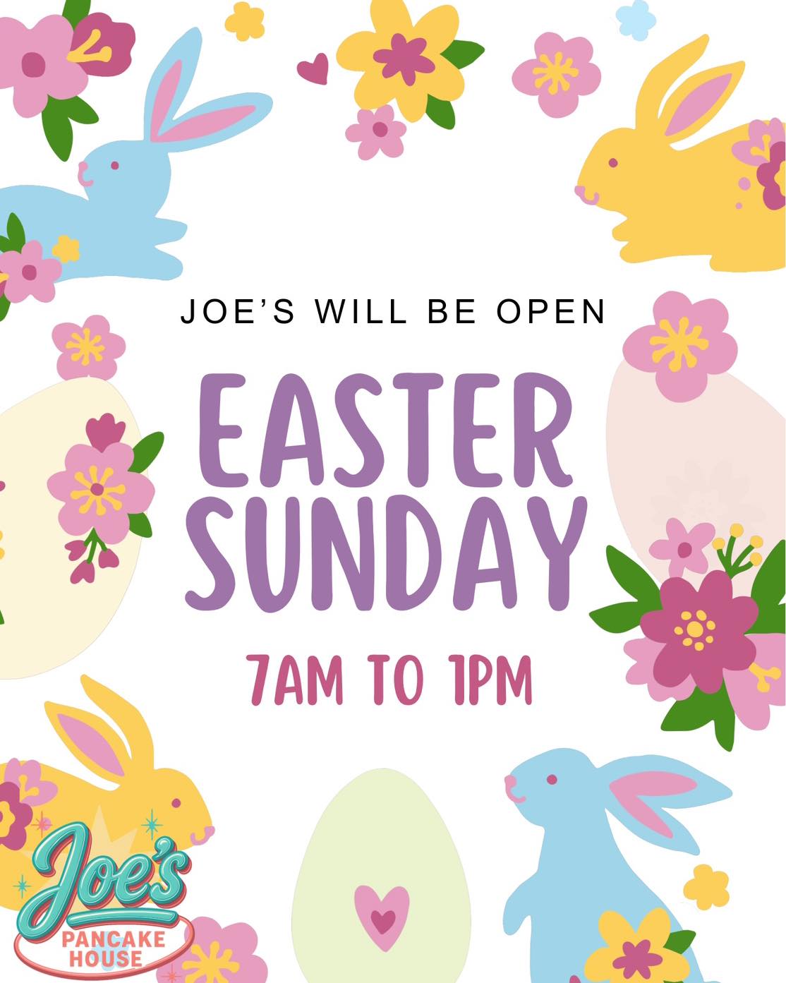 🌞 Joe’s Pancake House is OPEN on Easter Sunday! 🌞
Join us this Easter for a delicious breakfast or lunch!
We’re serving our full menu from 7:00 AM to 1:00 PM.
📍 2532 S Kolb Rd, Tucson, AZ 85710
📞 (520) 747-7536
🚀 DoorDash available
🌐 www.joespancakehousetucson.com
Come celebrate with us — no reservations needed, just good food and friendly service! 🥞🐰
Family owned and locally loved
EST. 1984
