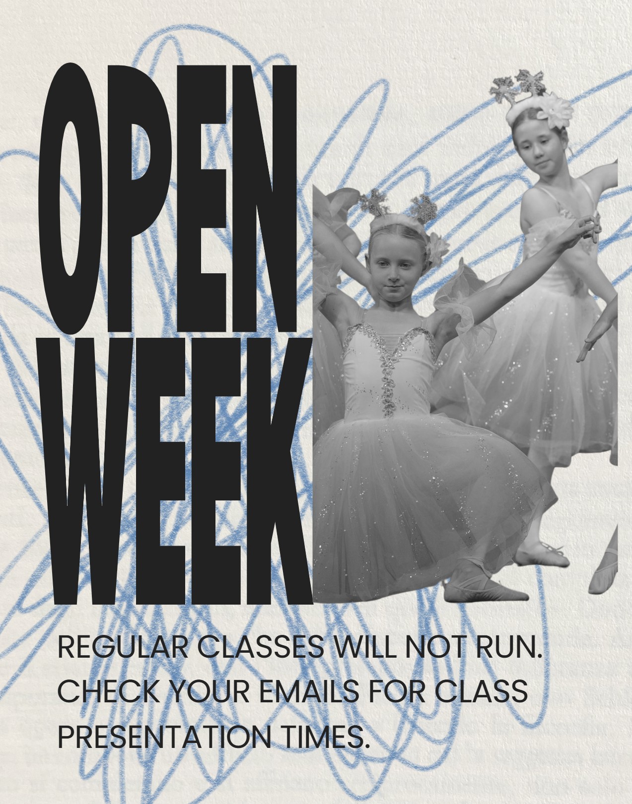 It is Saturday night Open Week presentations. Check your emails for class presentation times. Regular classes are not running today as students are completing presentations for families.