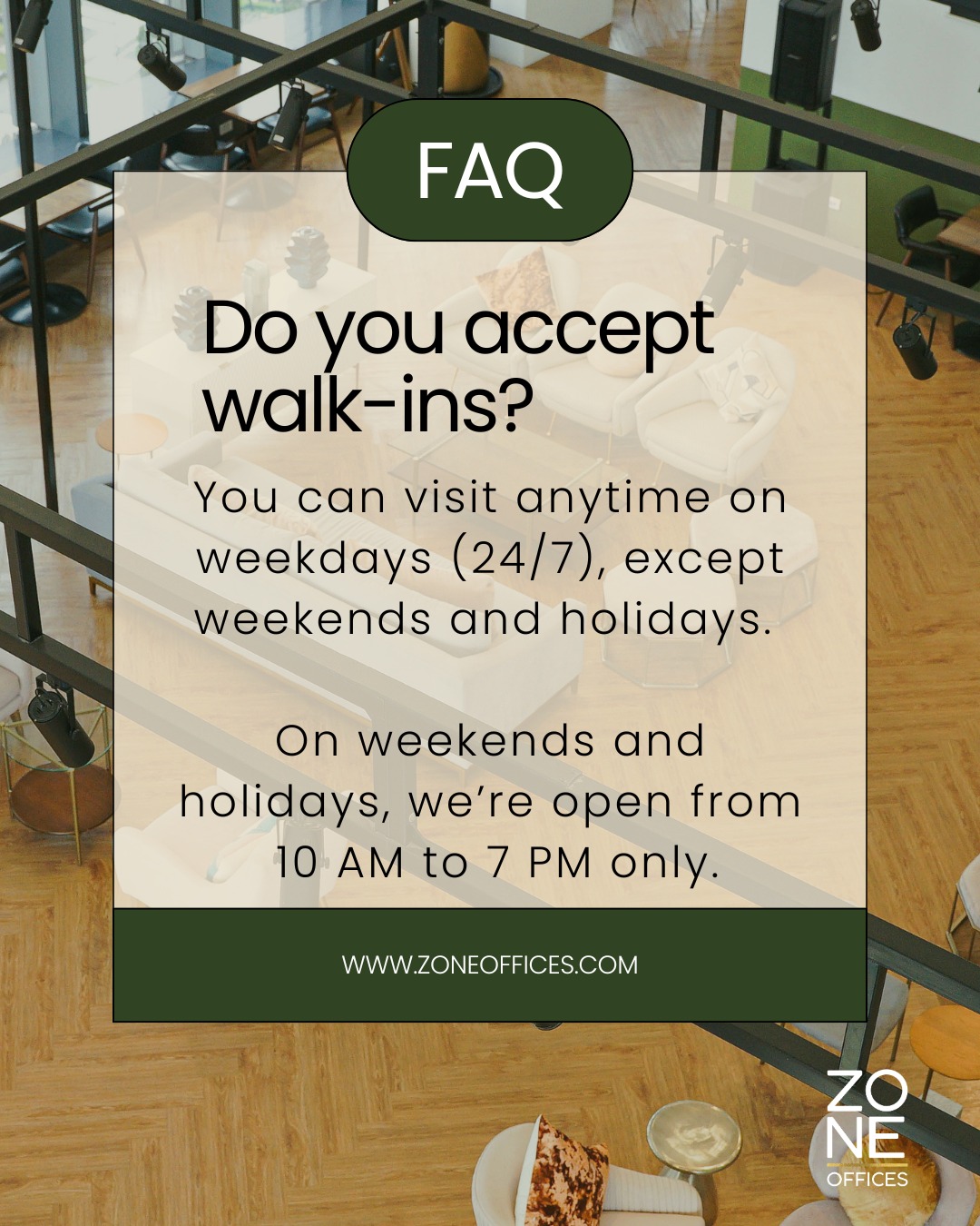 Got questions? Weβve got answers
Here's our FAQs to help you get started faster and easier.
For further inquiries, our team is ready to assist you.
Book a tour here: www.zoneoffices.com
#zoneoffices
#bgcoffice
#privateofficemanila
#coworkingspace
#bgcoffice