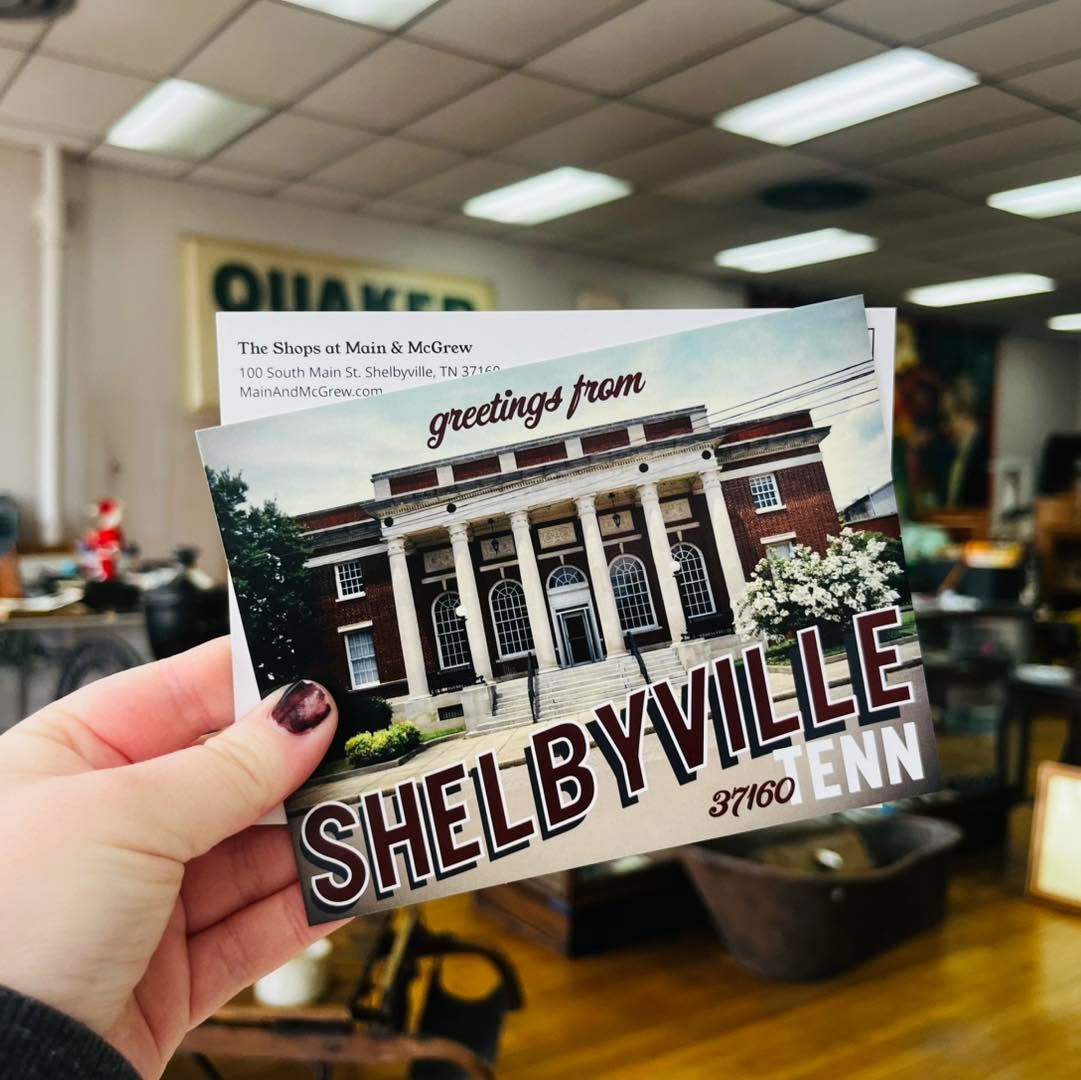 Postcards! You can grab one of these today to mail to a friend, display as local art, or remember your visit to Shelbyville! $1.00 each