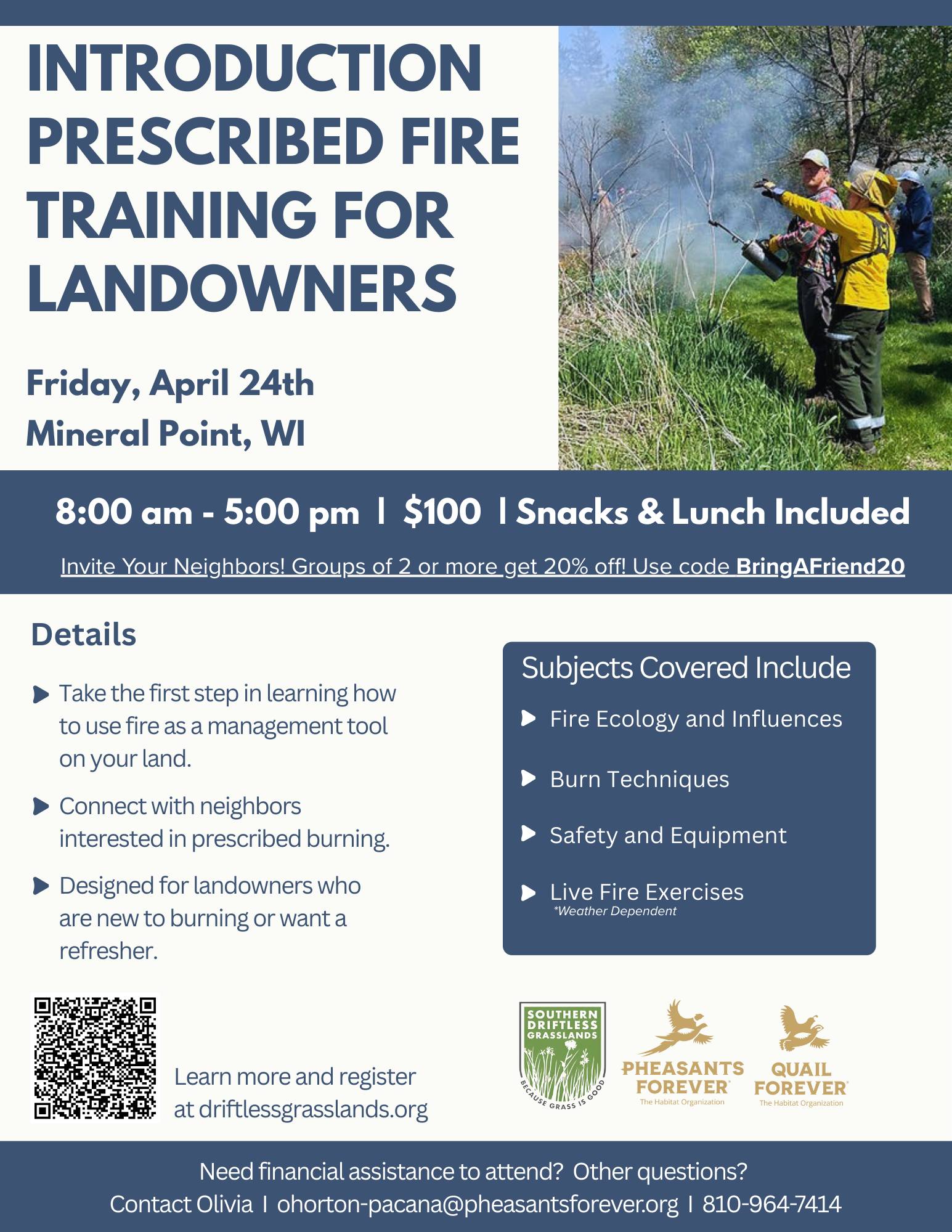 Southern Driftless Grasslands and @pheasantsforeverwi are hosting an Introduction to Prescribed Fire Class on Friday April 24th in Mineral Point!
This is an all day class that will go over all the basics of prescribed fire including why we burn, fire ecology, burning techniques, and more.
The morning will be a classroom style setting, while the afternoon will include hands on experience with fire equipment, including live fire exercises if weather cooperates.
To sign up, or learn more about this class, and other fire classes taking place around the state visit https://www.driftlessgrasslands.org/events (link in bio!)
We hope to see you there!