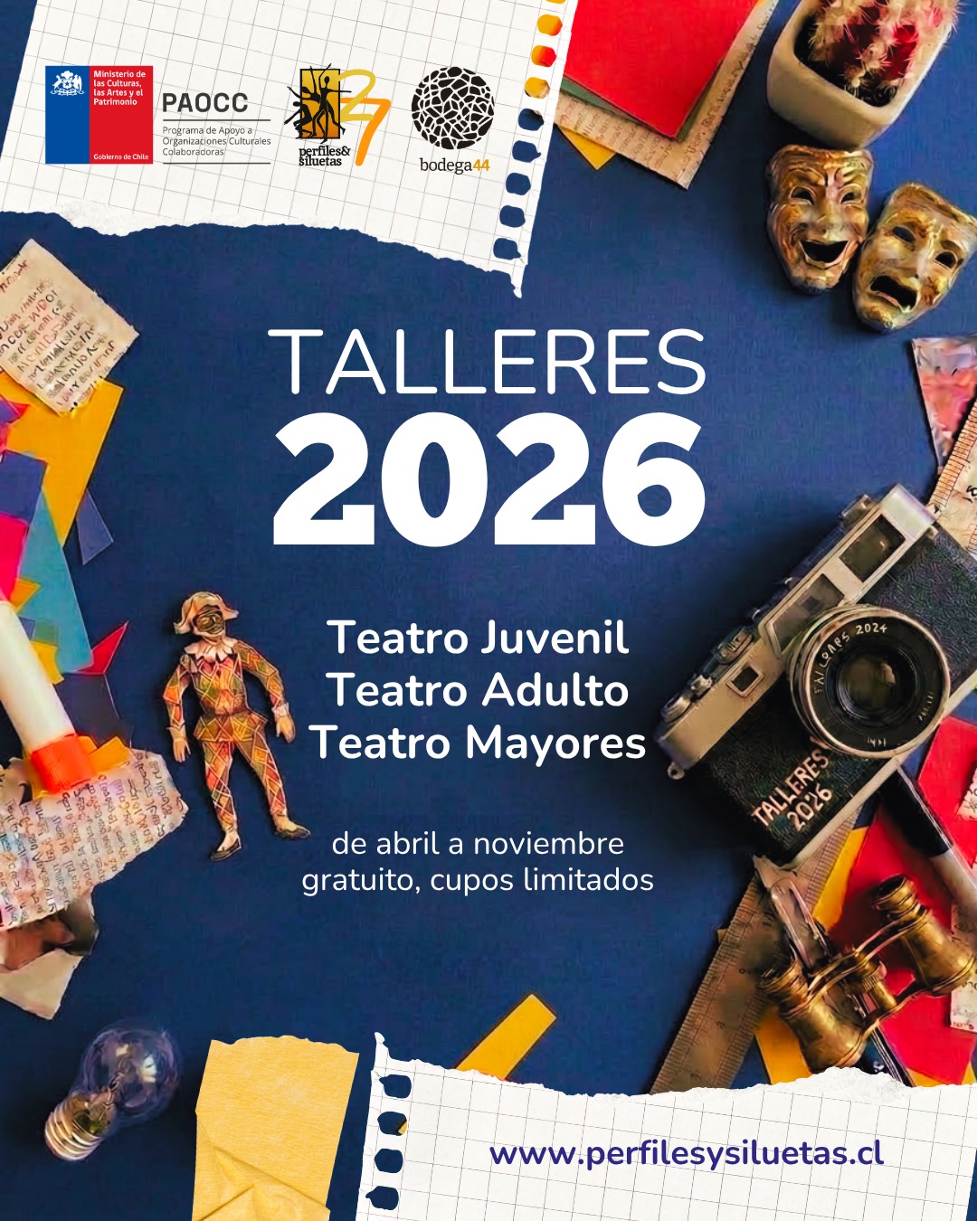 🎭 ¡VUELVEN LOS TALLERES 2026 EN BODEGA 44! 🎭
¿Buscas un espacio para crear, expresarte y encontrarte con otros? En Perfiles y Siluetas abrimos las puertas de nuestra casa para una nueva temporada de formación teatral. ¡Y lo mejor de todo es que son 100% GRATUITOS!
Desliza para conocer los detalles de cada taller:
🌟 Taller de Teatro Jóvenes (15 a 18 años)
¡Descubre tu voz y habita el escenario! Un viaje por el movimiento, la improvisación y la dramaturgia para reconocer tu cuerpo como un territorio creativo.
Días: Lunes de 17:00 a 19:00 hrs.
Inicio: 6 de abril.
Lugar: Bodega 44 (Condell 420).
🎭 Taller de Teatro Personas Adultas (+19 años)
Un espacio interdisciplinario para adentrarse en la actuación. Trabajaremos módulos de voz, movimiento y puesta en escena para redescubrir el "yo" a través del arte.
Días: Martes de 19:00 a 21:00 hrs.
Inicio: 7 de abril.
Lugar: Bodega 44 (Condell 420).
🌈 Taller de Teatro Adulto Mayor (+60 años)
¡Envejecimiento activo y comunidad! A través de juegos teatrales y la terapia de reminiscencia, fortaleceremos la autoestima y la expresión personal. El proceso culminará con una creación colectiva única.
Días: Jueves de 15:00 a 17:00 hrs.
Inicio: 9 de abril.
Lugar: Bodega 44 (Condell 420).
📍 Información General:
Duración: De abril a noviembre 2026.
Costo: Gratuito (Cupos limitados).
Ubicación: Condell 420, Los Ángeles.
📝 ¿Cómo inscribirse?
Es muy fácil. Solo debes ingresar al link en nuestra biografía o visitar nuestro sitio web perfilesysiluetas .cl
¡No te quedes fuera de esta experiencia transformadora! Te esperamos para habitar las tablas este 2026. 🎭✨
#TeatroLosAngeles #Bodega44 #PerfilesYSiluetas #Talleres2026 #CulturaBioBio #TeatroComunitario #TeatroGratis