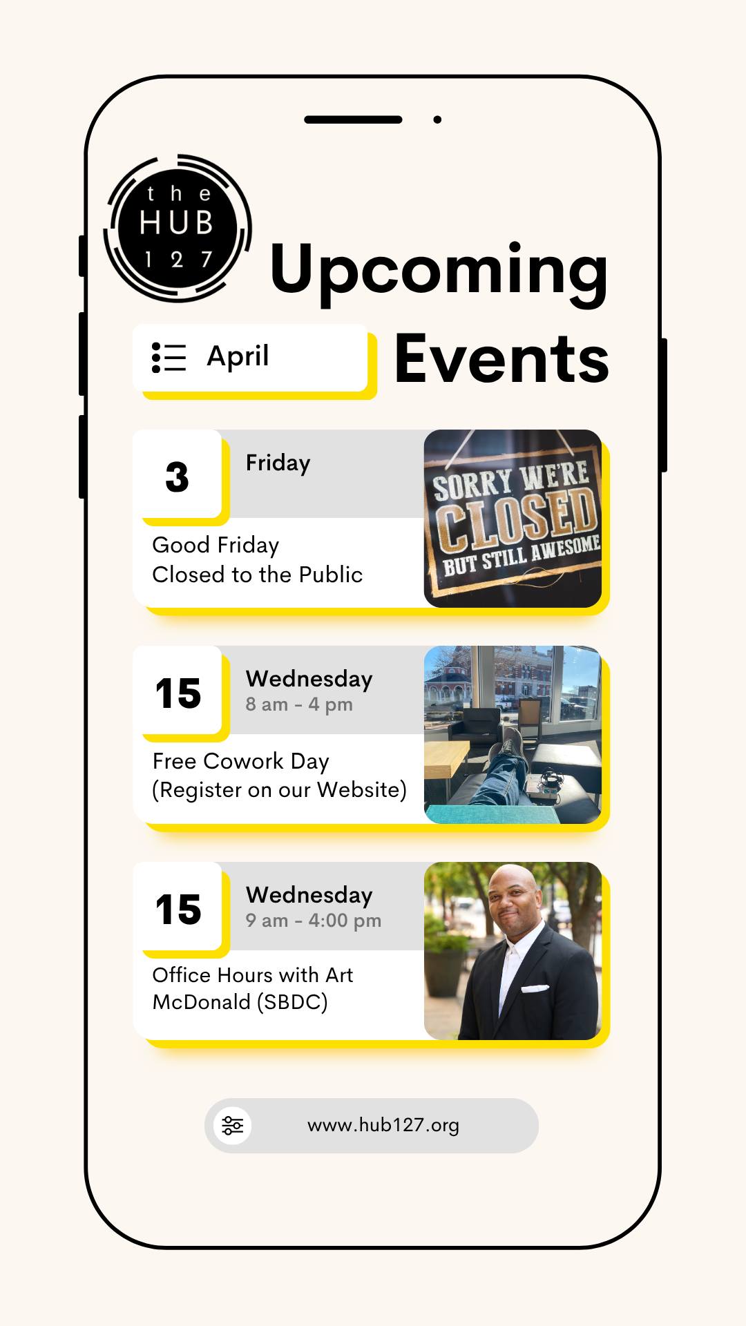 📆April is here and we've got a great lineup at the HUB 127!
✔️Free Cowork Day
✔️Office Hours with Art McDonald
✔️Bluebird Hot Chicken Food Truck
✔️Muffins & Marketing
✔️HUB Member Lunch
Whether you're looking to connect, learn, or just get out of the house for a productive day, we've got you covered!