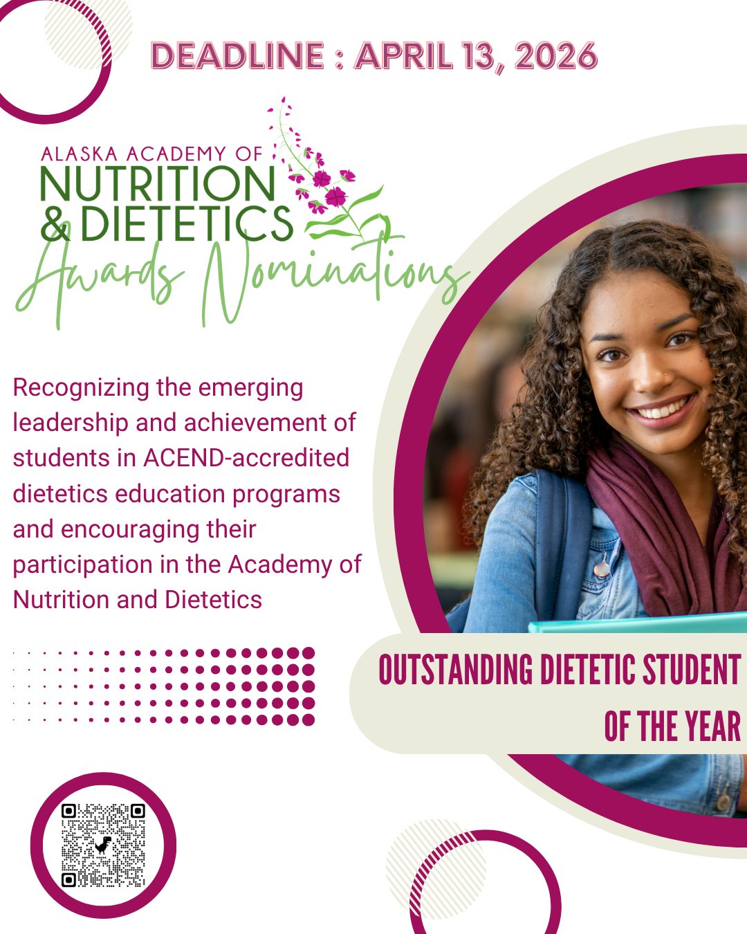 The purpose of the Outstanding Dietetics Student Award program is to recognize the emerging leadership and achievement of students in ACEND-accredited and approved dietetics education programs and encourage their participation in the Academy of Nutrition and Dietetics.
Nominate yourself or your peers today at the link in bio.