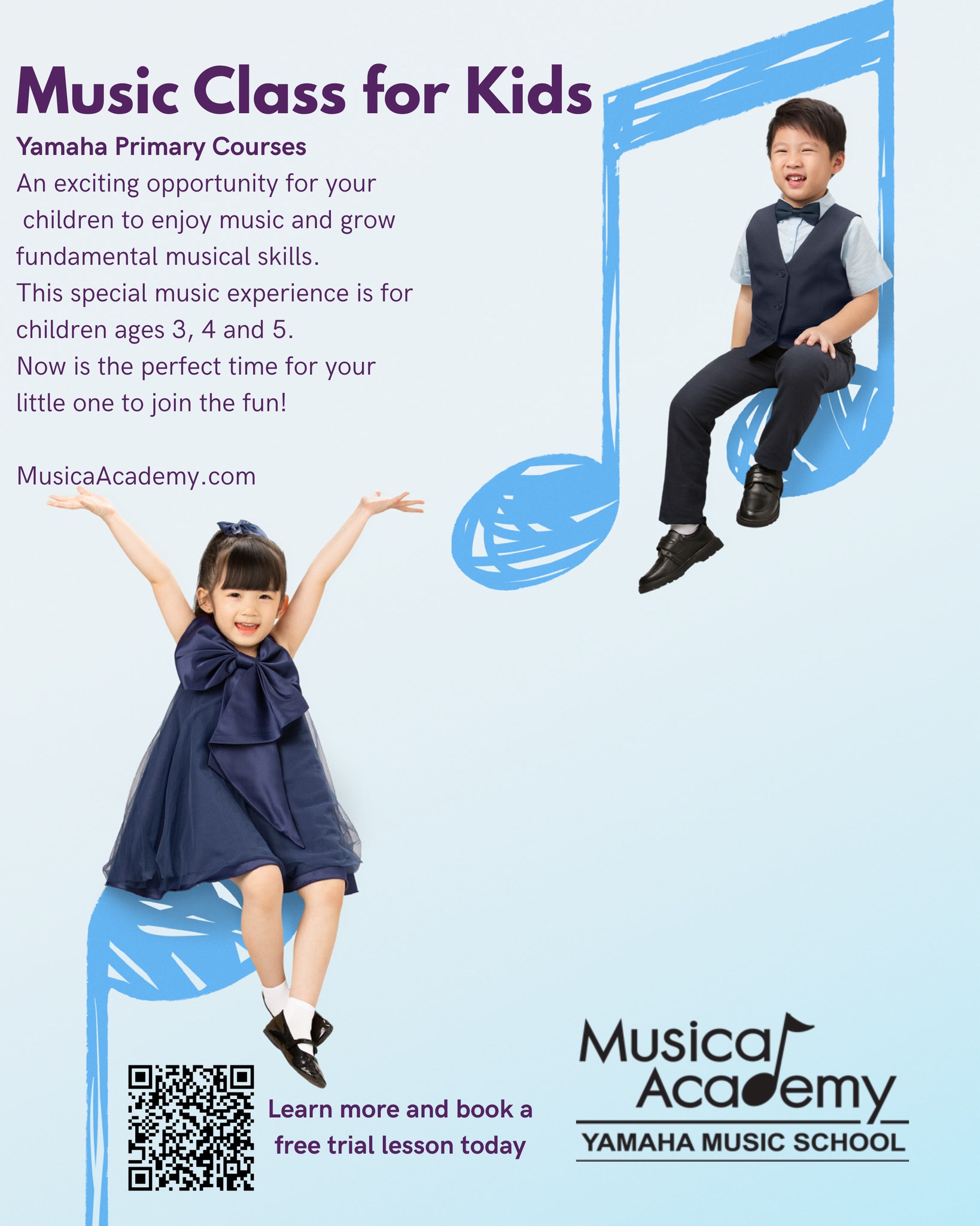 Introducing our Primary Courses for your children who want to learn music! For children ages 3-5 to learn the fundamentals of music and how much fun music is! Come and register for a free demo class this May/ June.