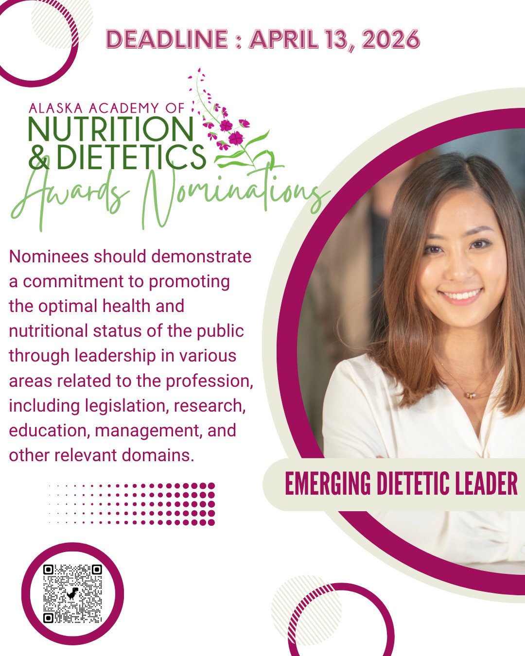 Deadline today!
The Emerging Dietetics Leader Award recognizes the competence and activities of members, regardless of their age, who are at the beginning of their dietetics careers. Members who receive this honor support the promotion of optimal health and nutritional status of the public through demonstrating leadership in legislation, research, education, management and other areas related to the profession.
Nominate yourself or your peers today in the link in bio.