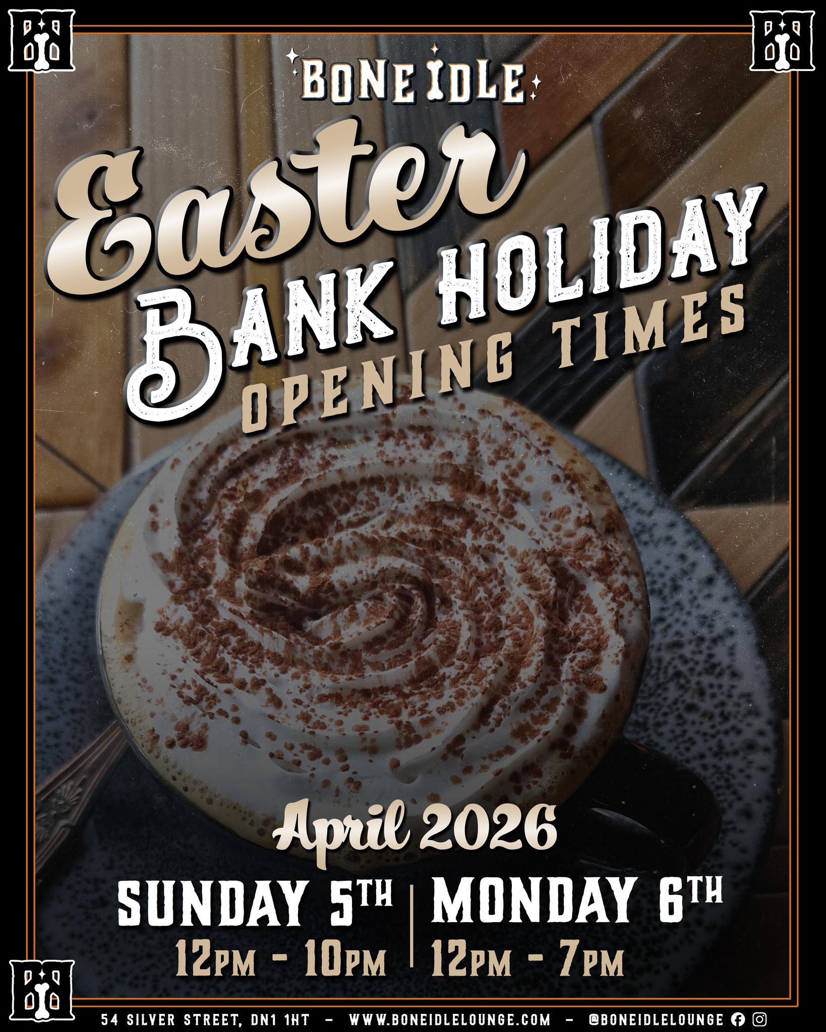 Come & see us this Easter Bank Holiday weekend!🖤
If you’re not about the big crowds & overly loud pubs we’ve got you.
Sunday 5th: 12pm–10pm
Monday 6th: 12pm–7pm
We’re open across the bank holiday for the usual mix of coffees, cocktails, and a fun chill space to chat.
Whether you’re coming down solo to unwind, or meeting your people (why not grab a board game & challenge someone to a game of Connect Four)
No expectations. No pressure.
Just Bone Idle, as it should be 🧡✨