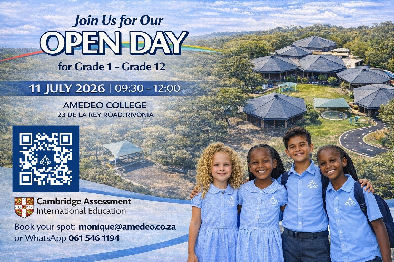 Discover a learning environment where every child is supported to grow with confidence.
Join us for the Amedeo College Open Day on 11 July 2026 from 09:30–12:00 at 23 De La Rey Road, Rivonia and see our campus, meet the team, and learn more about our private assisted learning approach for Grade 1 to Grade 12.
To book your spot, email monique@amedeo.co.za or send a WhatsApp to 061 546 1194.
#AmedeoCollege #OpenDay #Rivonia #PrivateSchool #AssistedLearning #CambridgeSchool #EducationMatters #SchoolOpenDay