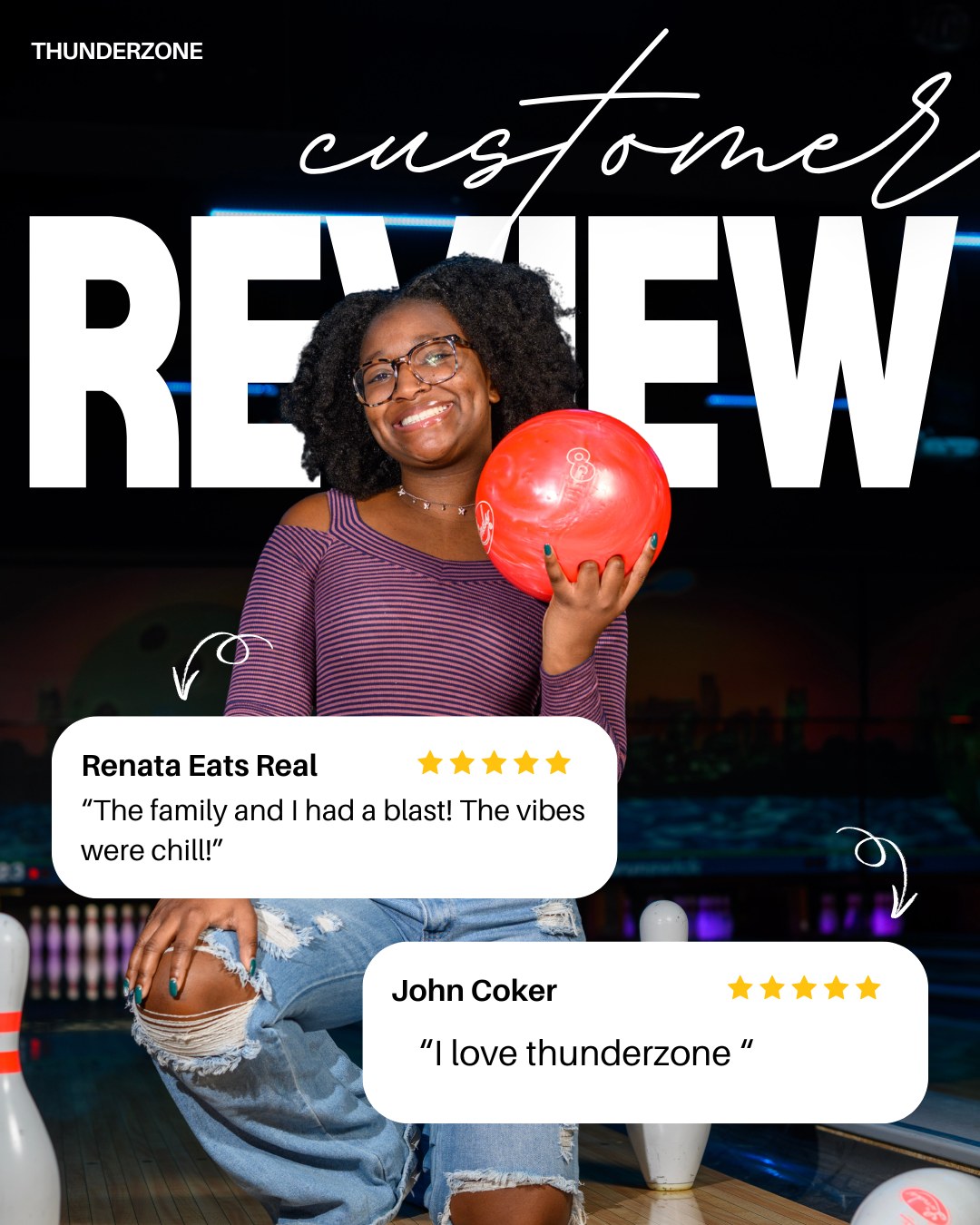Don’t just take our word for it... our guests say it best! ⭐⭐⭐⭐⭐
Whether it's the "best wings in town" or the "ultimate laser tag battle," we’re honored to be your go-to spot for fun. Thanks for making Thunderzone the place to be! ⚡🎳