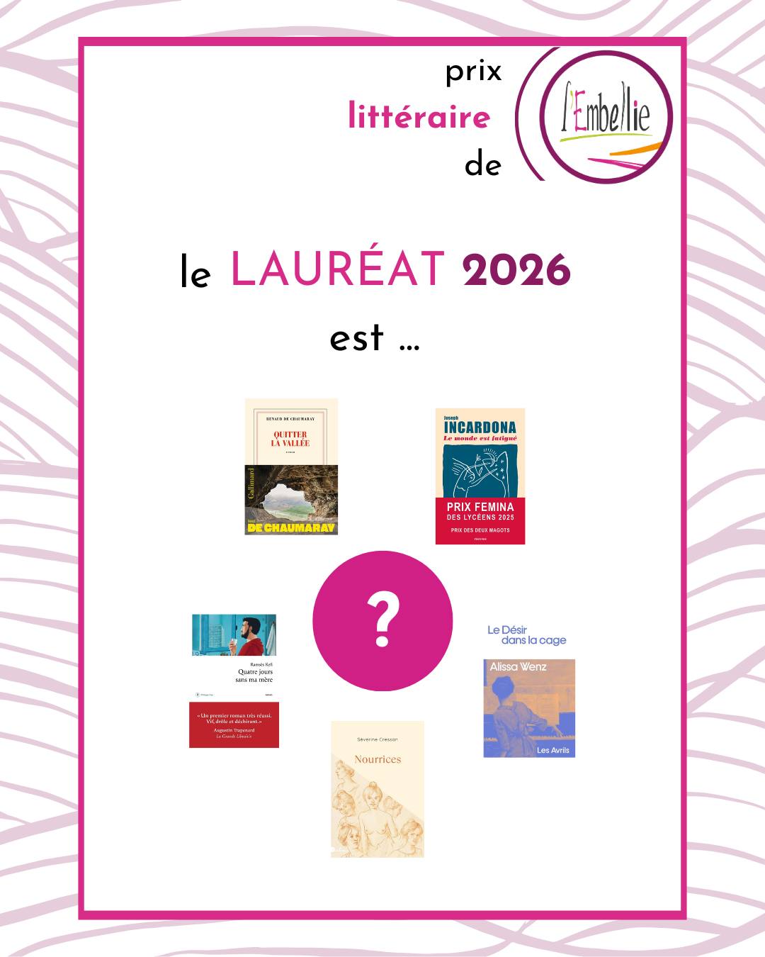 🏆Prix littéraire de l'Embellie
Et le lauréat du prix littéraire de l'Embellie 2025-2026 est ... "Le désir dans la cage" paru aux éditions @lesavrils ! Félicitations à @alissa.wenz pour ce beau roman qui a touché beaucoup de nos lecteurices.
Un grand merci aux votant.es pour leur participation et au jury pour le choix de cette belle sélection.
🥇Le désir dans la cage - Alissa Wenz, 32%
🥈Nourrices - Séverine Cressan, 23%
🥉Le monde est fatigué - Joseph Incardona, 17%
🏅Quatre jours sans ma mère - Ramsès Kefi, 15%
🏅 Quitter la vallée - Renaud de Chaumaray, 13%
#prixlitteraire #librairieindependante #labernerie