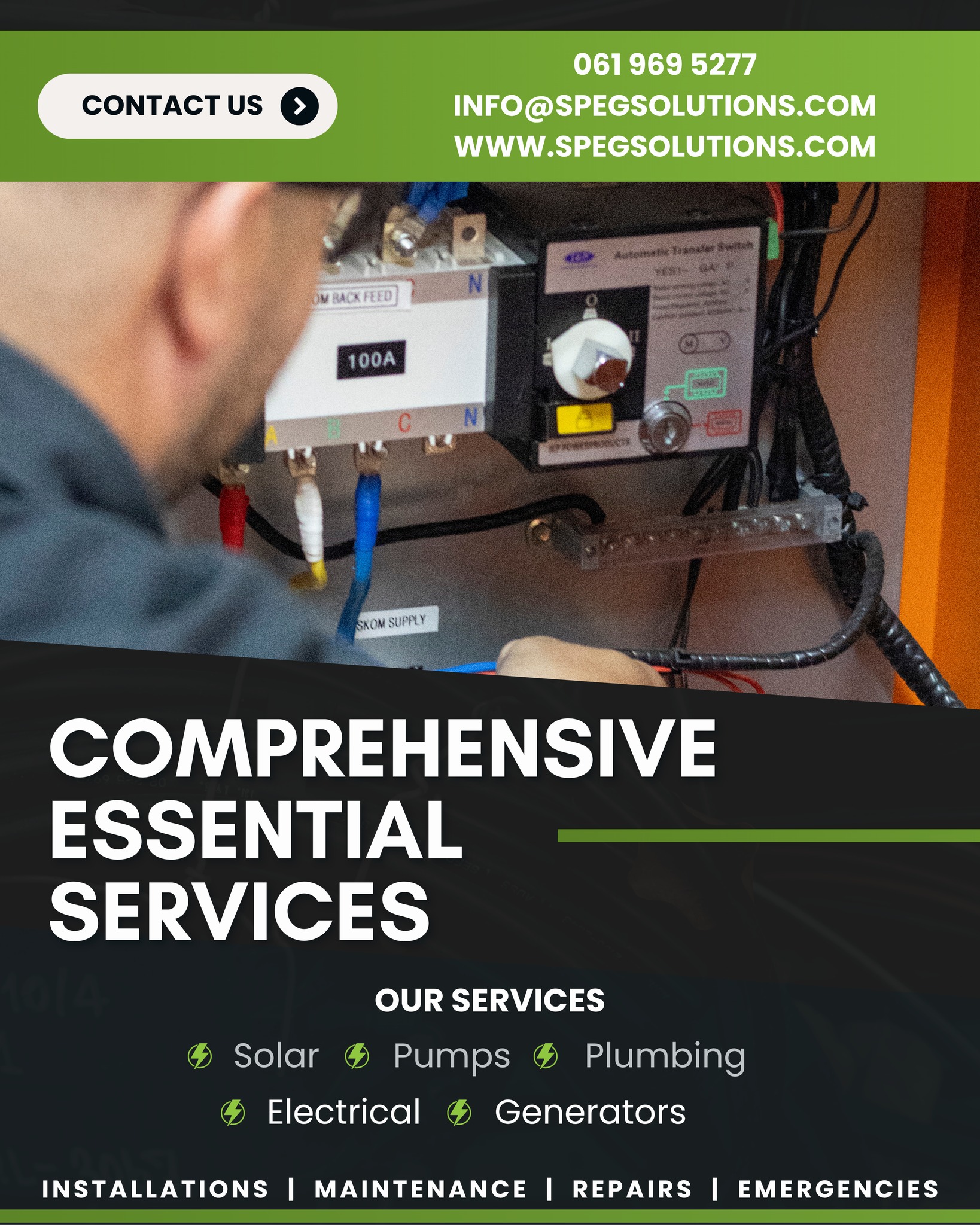 Powering your property from start to finish ⚡
From solar to plumbing, electrical to generators — we’ve got every essential service covered.
SPEG Solutions - One Team, Endless Solutions:
📞 061 969 5277
✉️ info@spegsolutions.com
🌐 www.spegsolutions.com
#solarpower #Generators #inverter #plumbing #renewableenergy #electrical #solar #cctvsecuritycamera #networking #installationservices #pumps