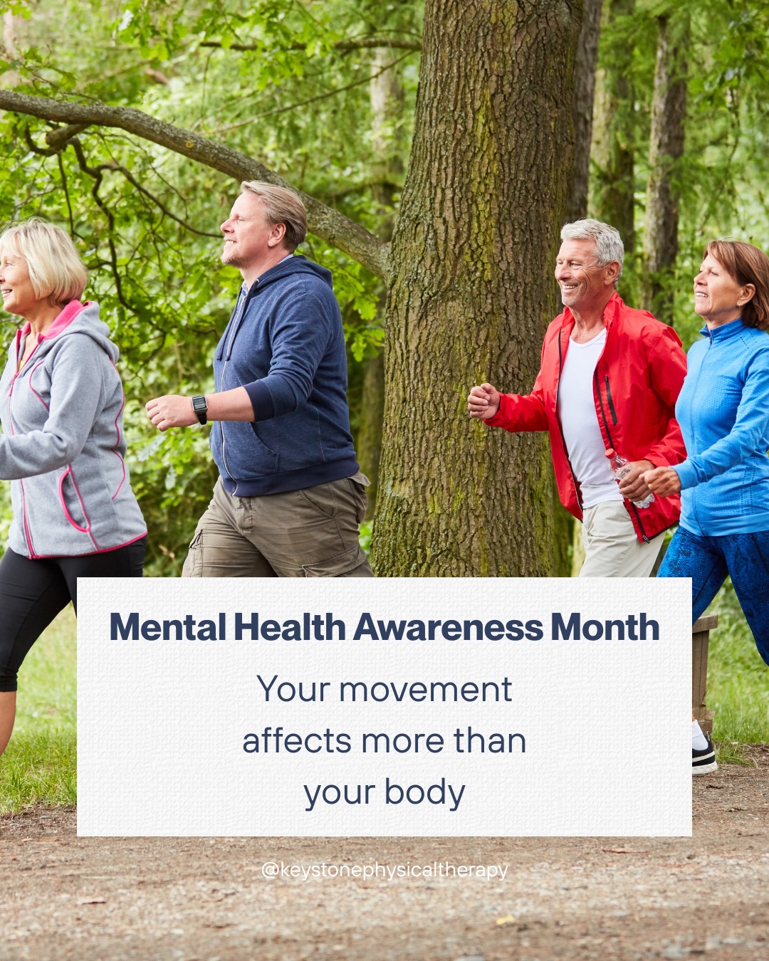 May is Mental Health Awareness Month 💚
We often think of movement as physical—but it plays a powerful role in your mental well-being too.
Getting outside, staying active, and taking time to care for your body can help reduce stress, improve mood, and support overall mental health.
Start small. Take a walk. Stretch. Breathe.
Taking care of your body is one way to take care of your mind.
If pain or injury is getting in the way of moving and feeling your best, we’re here to help you get back to it.
#MentalHealthAwareness #MentalHealthMatters #MindBodyConnection #MoveForYourMind #WellnessMatters #TakeCareOfYourself #SelfCare #MovementIsMedicine #HealthyMindHealthyBody #StayActive #DailyMovement #MindfulMovement #StressRelief #FeelBetterMoveBetter #KeystonePT #PhysicalTherapy #HolisticHealth #WellnessJourney #HealthyHabits #GetOutside #NatureHeals #BreatheAndMove #EmotionalWellbeing #LiveWell #BalanceYourLife #PreventInjury #MobilityMatters #ActiveLifestyle #SmallStepsBigResults #keystonephysicaltherapy